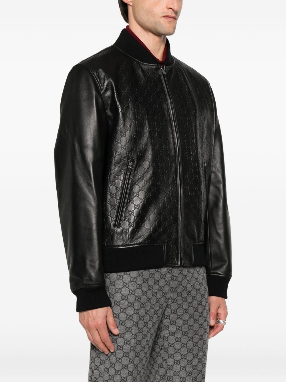 embossed GG leather bomber jacket - 3