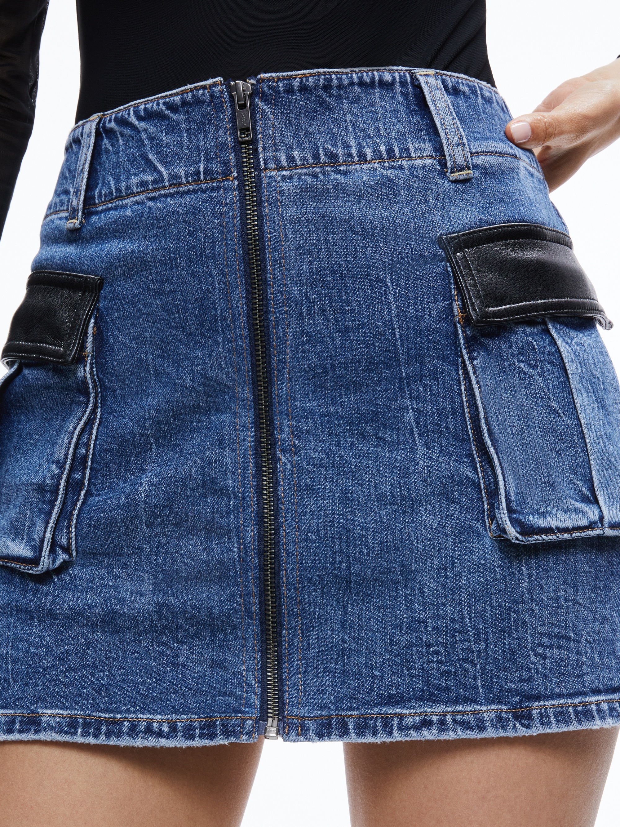 RAHMI VEGAN LEATHER CARGO DENIM MINI SKIRT - 5