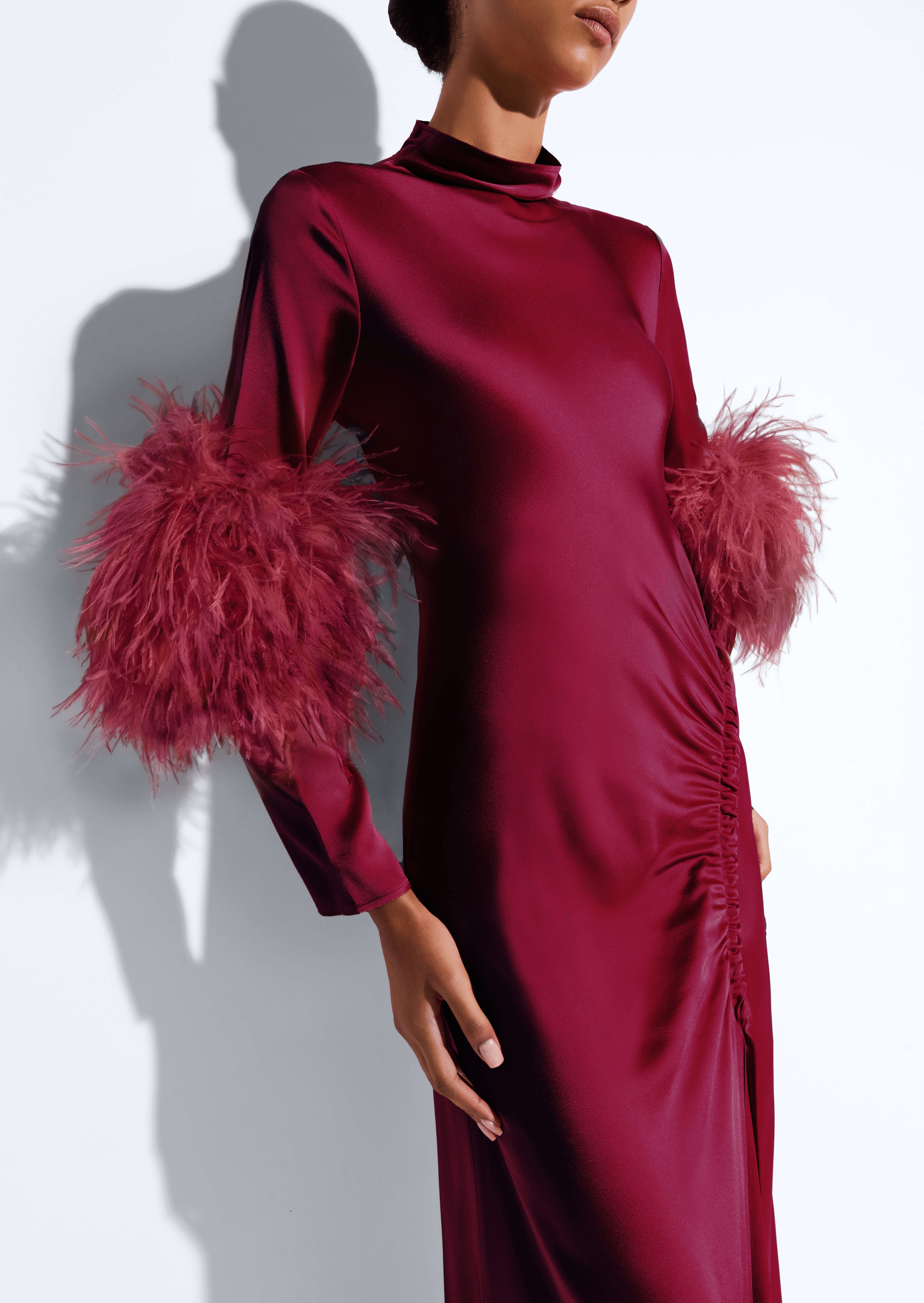 Satin Tab Gown With Feathers - 4