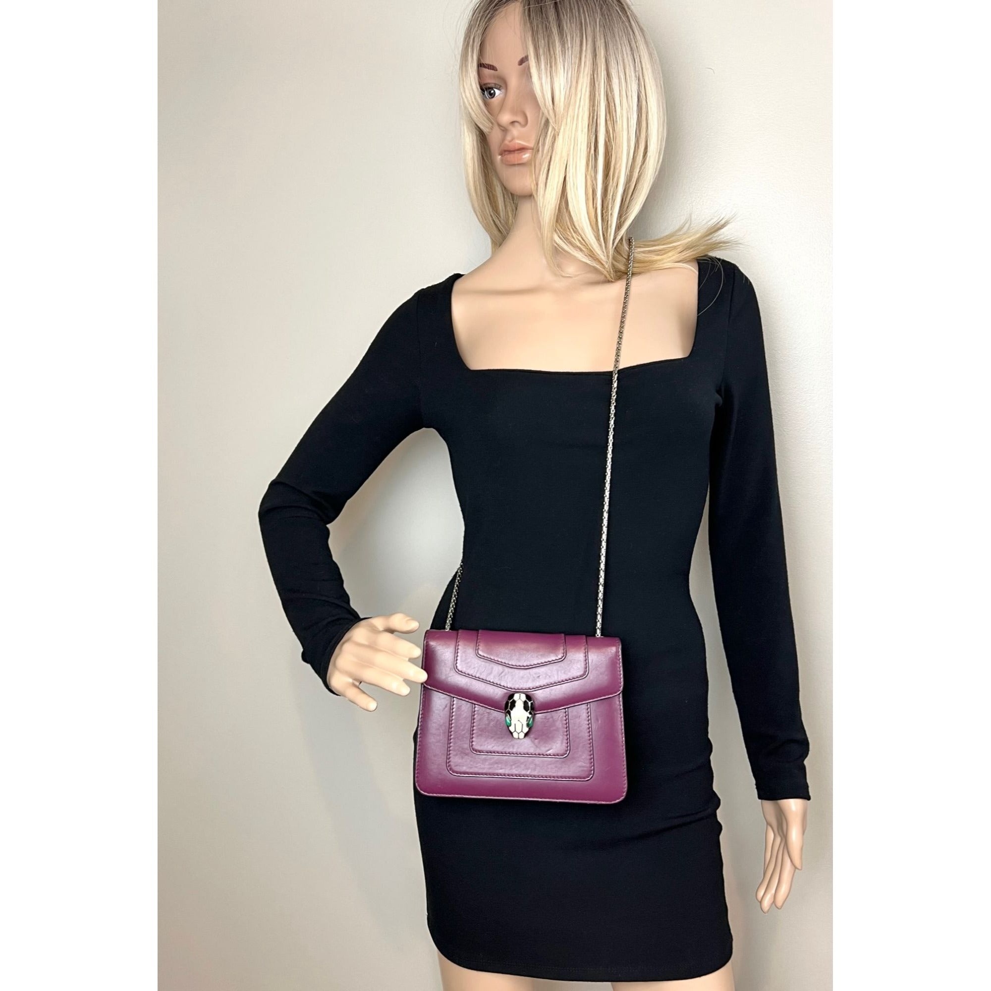 BvlgariCalfskin Small Serpenti Forever Snake Plum Crossbody Bag - 6