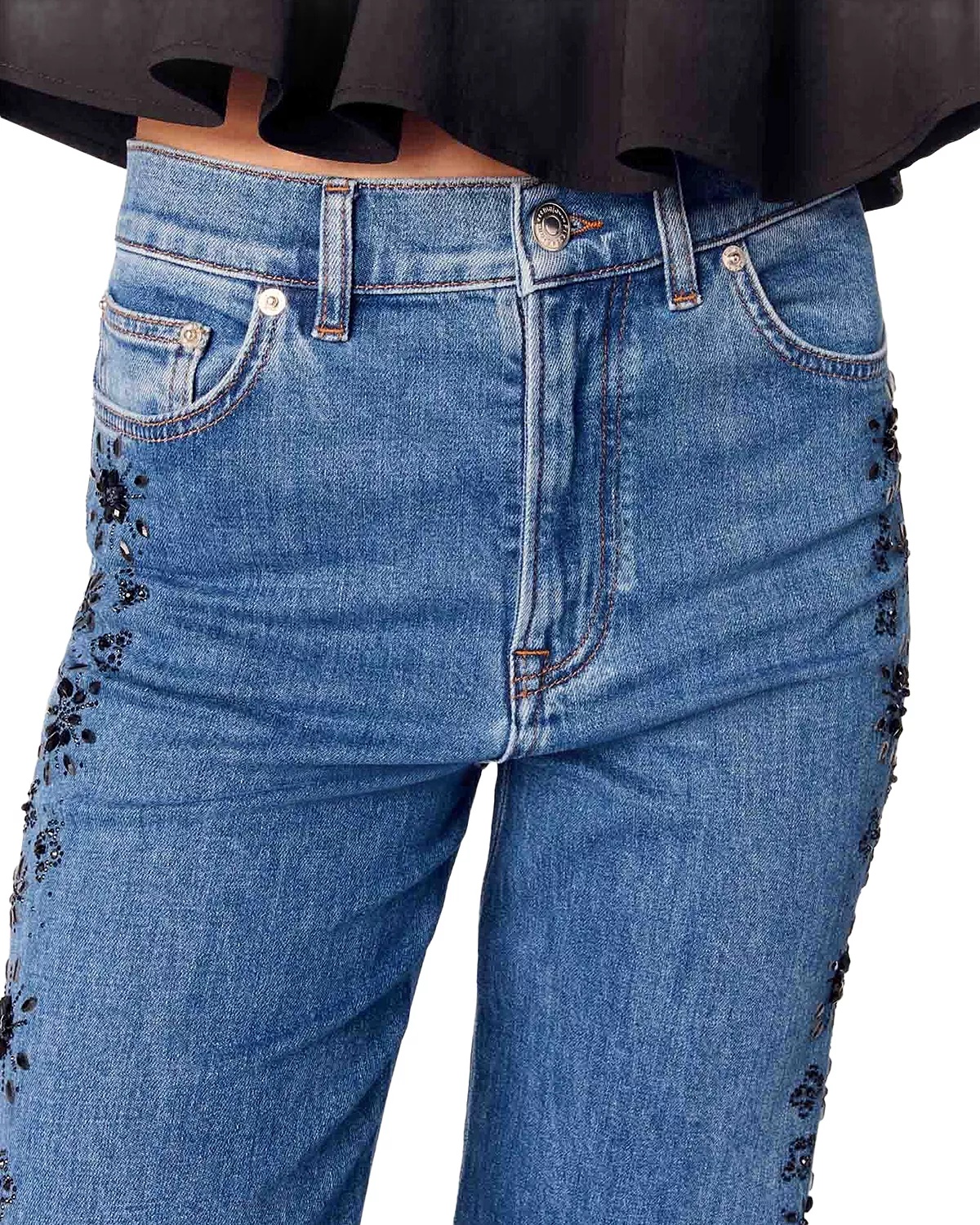 Embroidered Rhinestone High Rise Jeans in Blue - 5