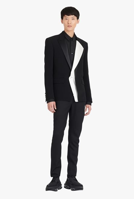 Double-breasted black and white satin and crepe blazer - 2