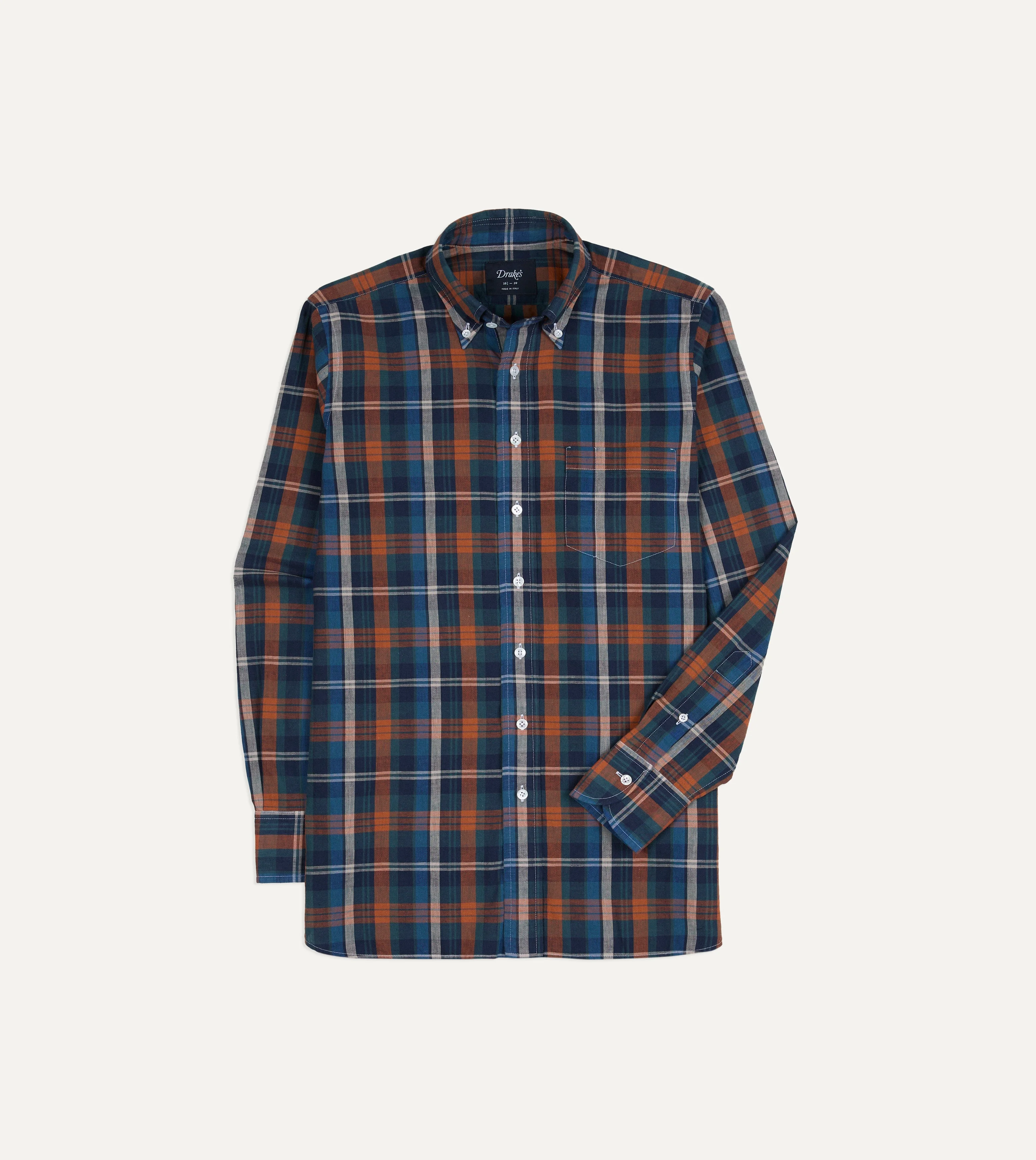 Navy and Rust Check Cotton Button-Down Shirt - 1