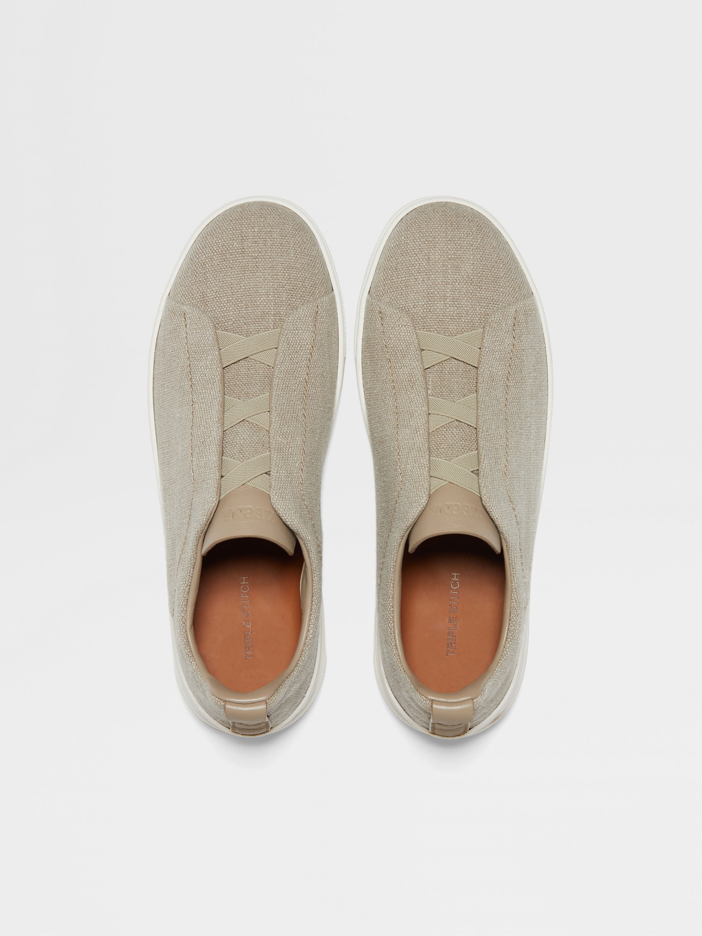 LIGHT BEIGE COTTON LINEN AND LEATHER TRIPLE STITCH™ SNEAKERS - 3