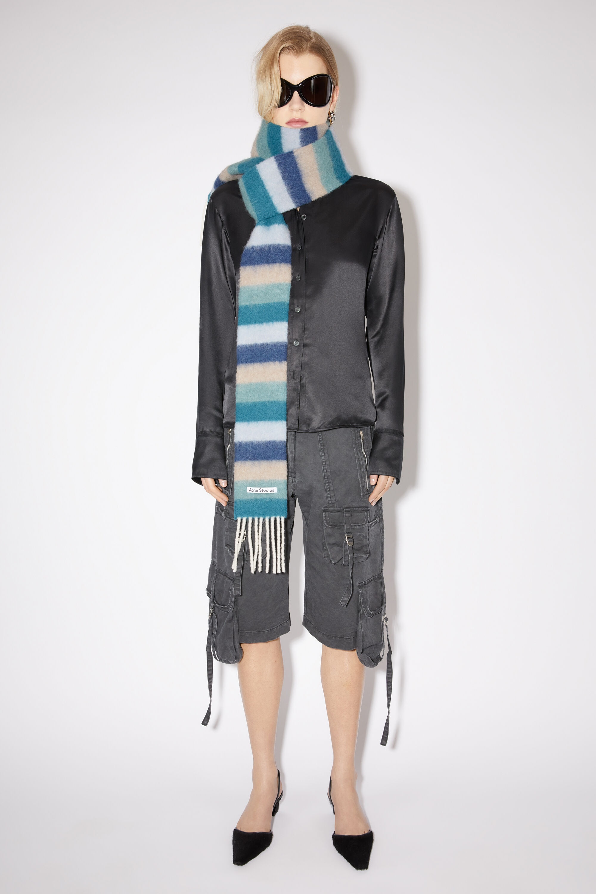 Wool-apaca fringe scarf - Skinny - Blue/grey - 2