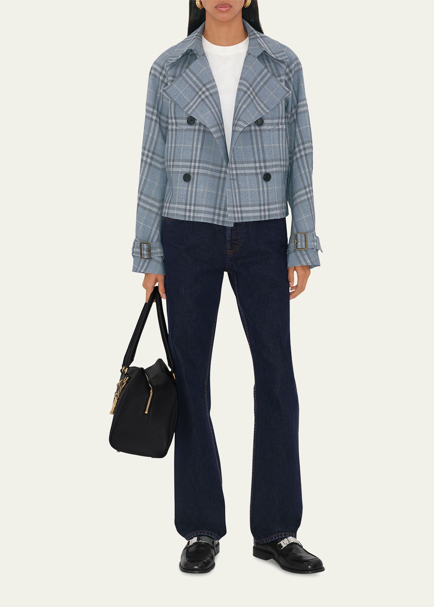 Check Double-Breasted Short Trench Coat - 2