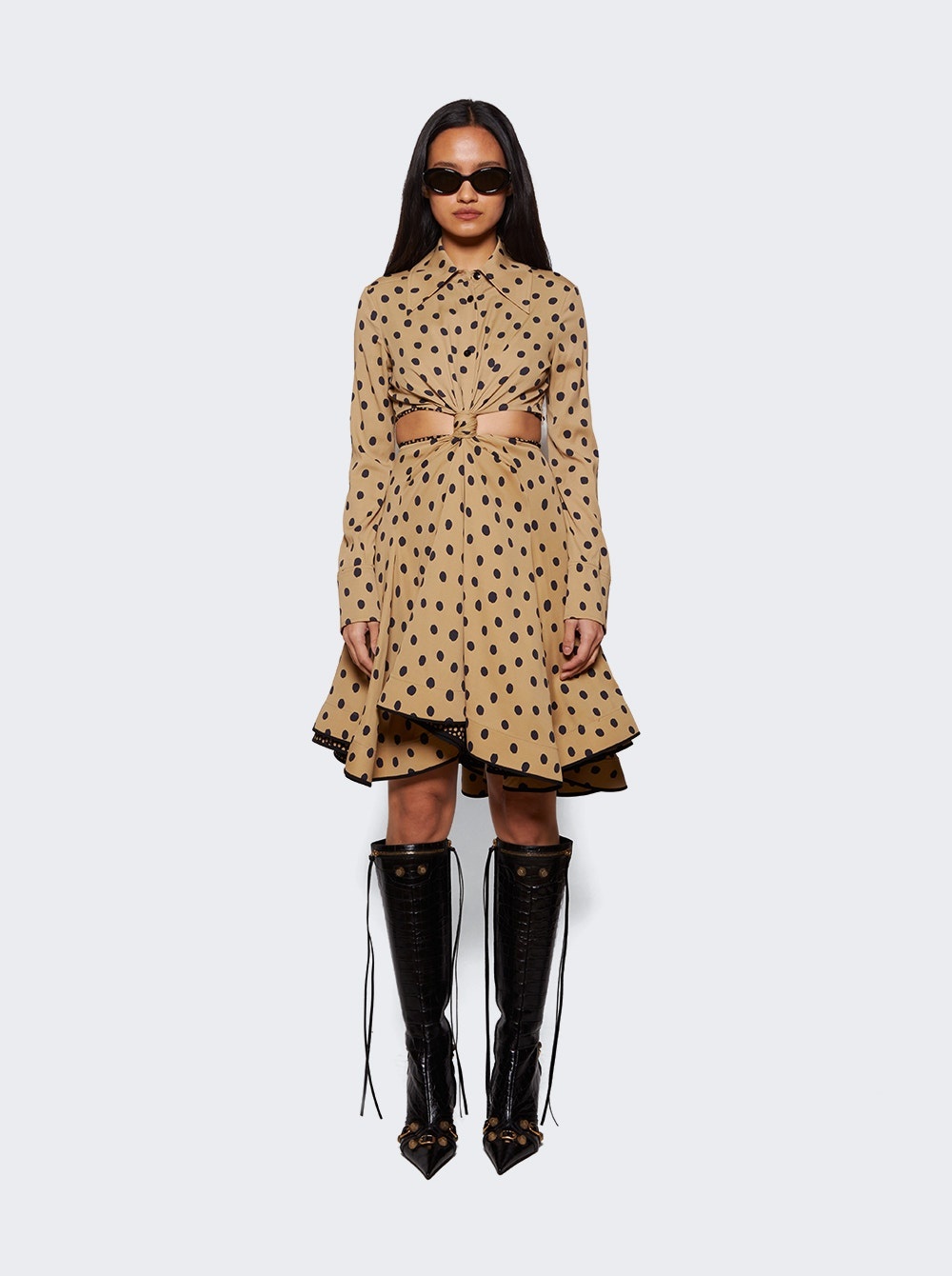 Printed Dot Cut-Out Shirt Dress Khaki - 2