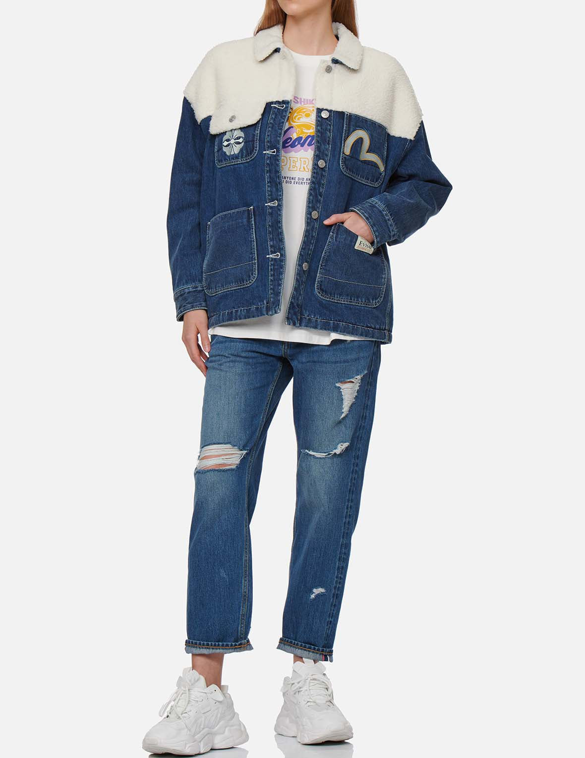 KAMON PRINT SHERPA MIXED DENIM SHIRT JACKET - 6