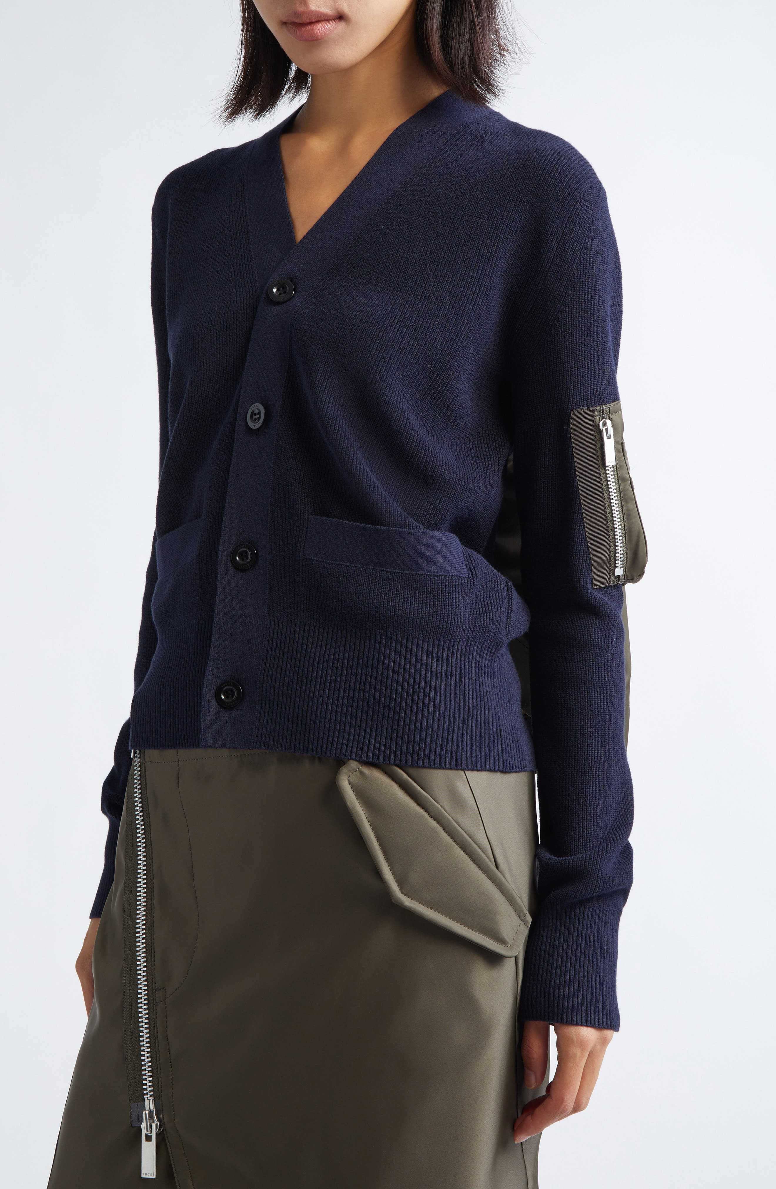 Sacai Mixed Media Nylon Twill & Knit Cardigan in Navy/Dark Khaki at Nordstrom - 5