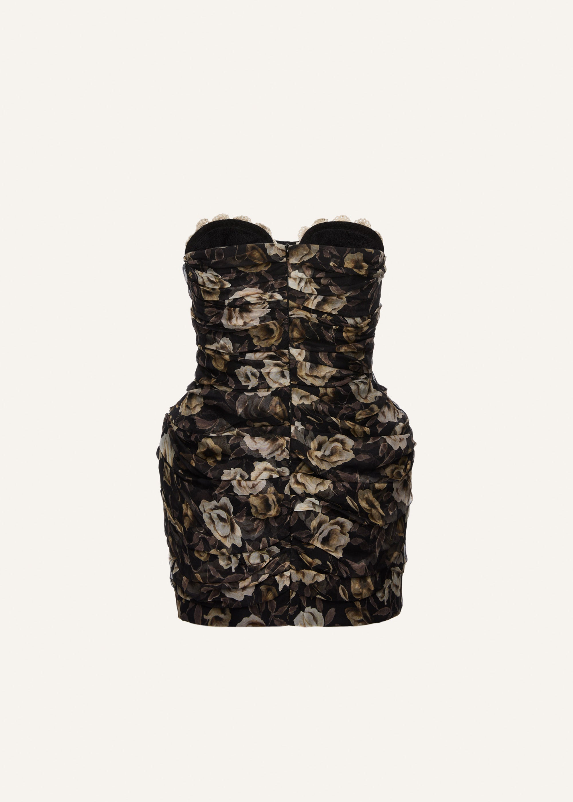 Strapless ruched silk mini dress in black print - 2