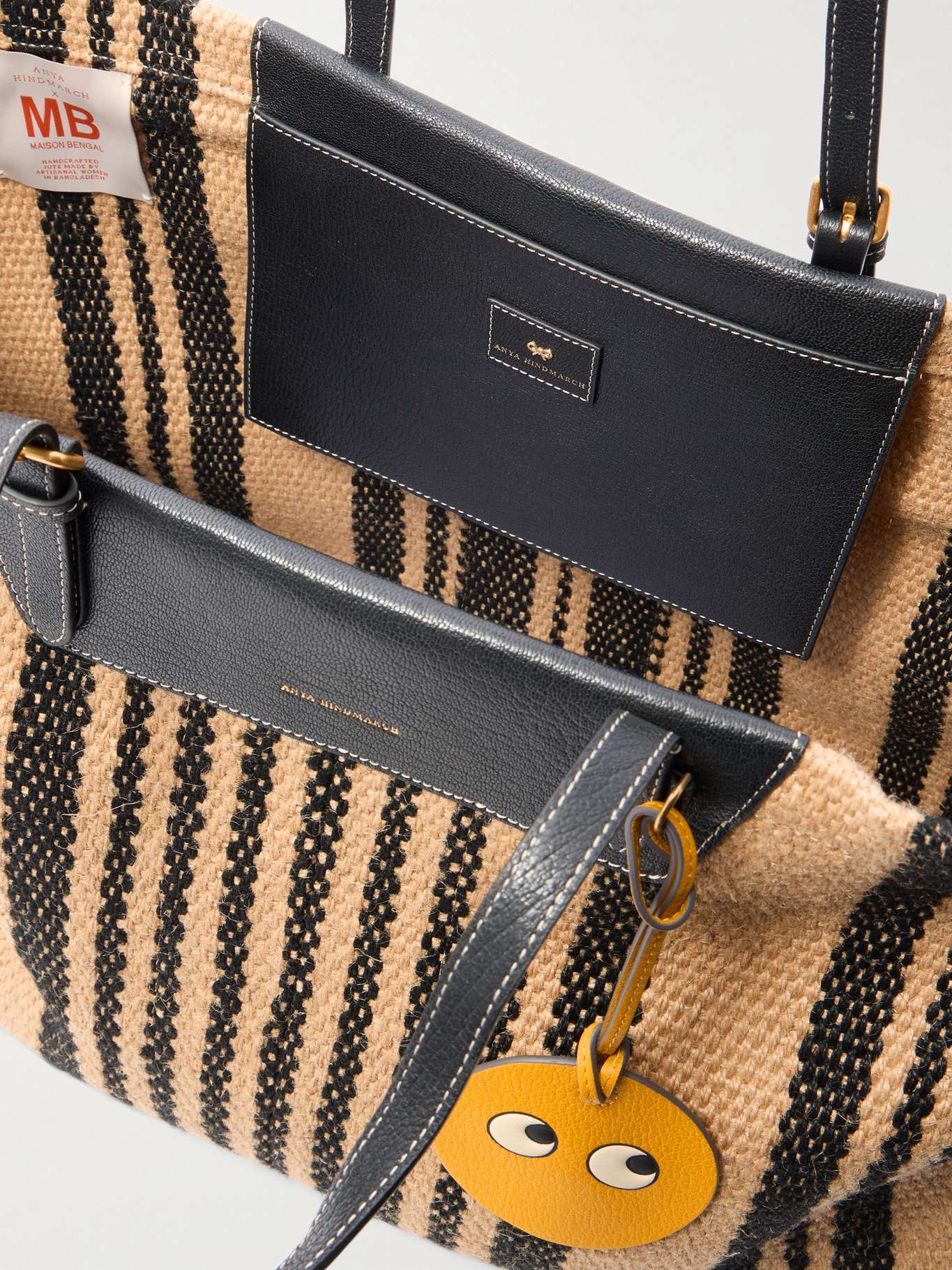 + Maison Bengal leather-trimmed striped jute tote Brown - 5