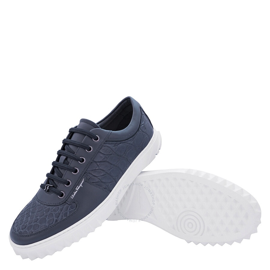 Salvatore Ferragamo Men's Scuby Blue Marine Croco Leather Low-top Sneakers - 2