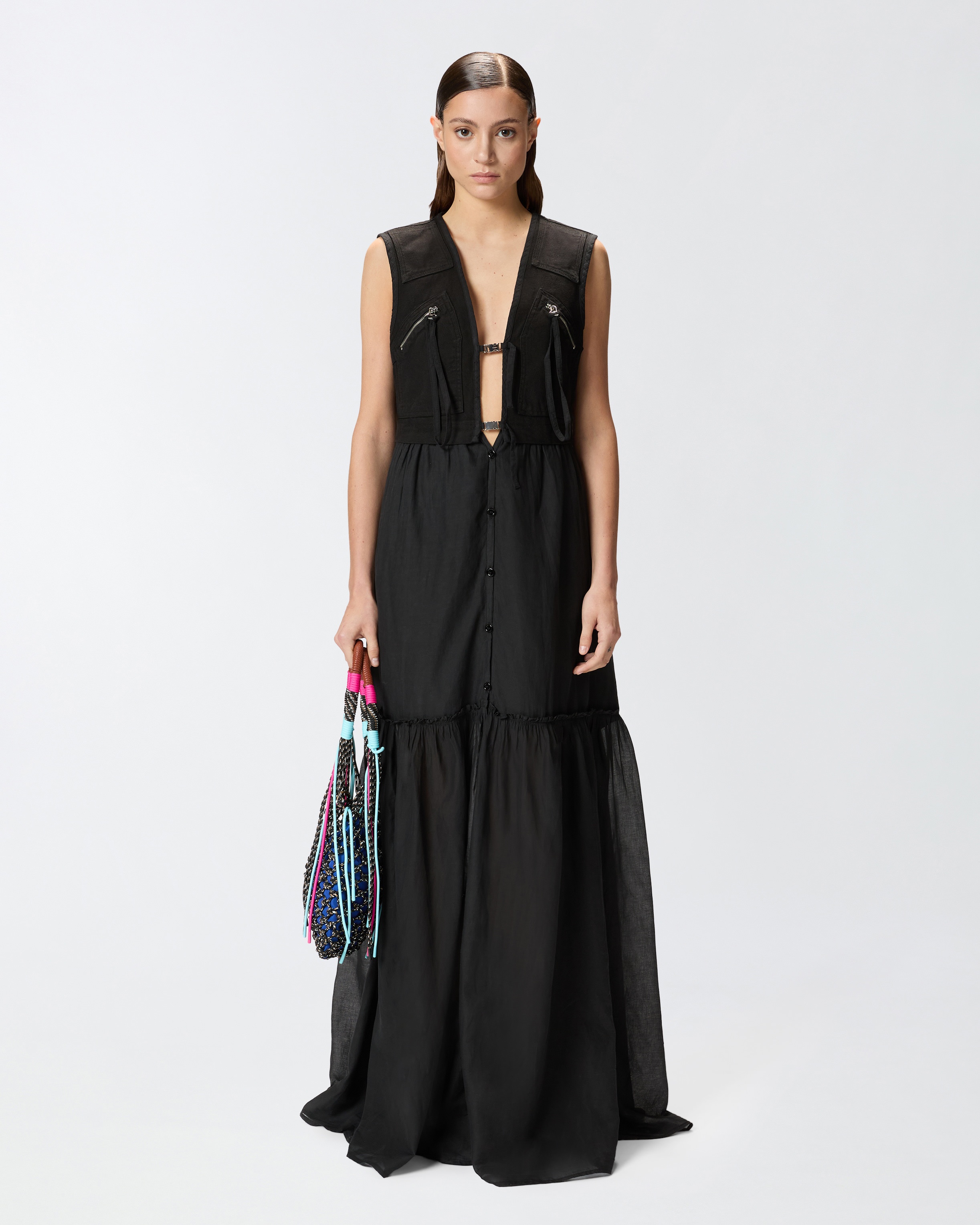 LONG COTTON DRESS WITH UTILITY-STYLE VEST - 2