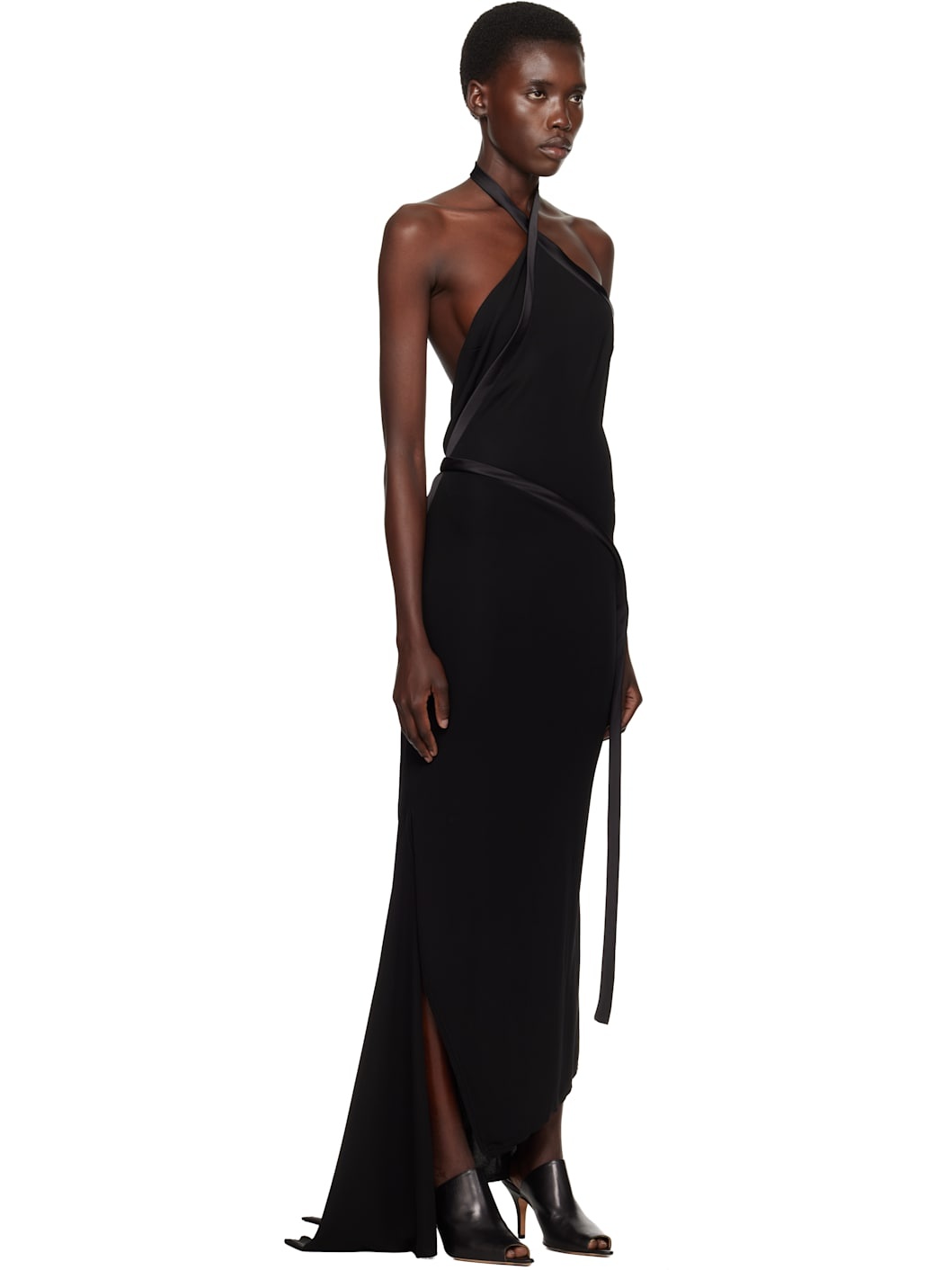 Black Asymmetric Halter Maxi Dress - 2