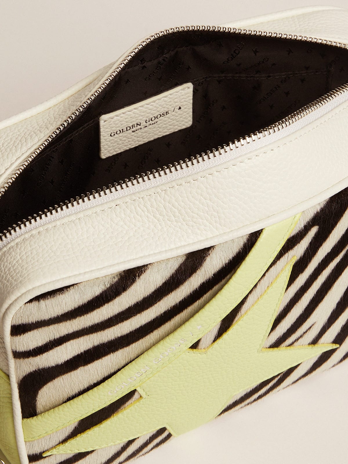Star Bag in white and lime hammered leather with zebra-print pony skin insert and lime-colored leath - 4