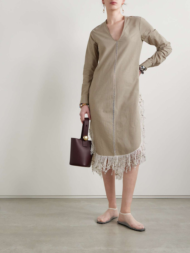 diotima Una oversized fringed bead-embellished checked organic cotton midi dress Beige outlook