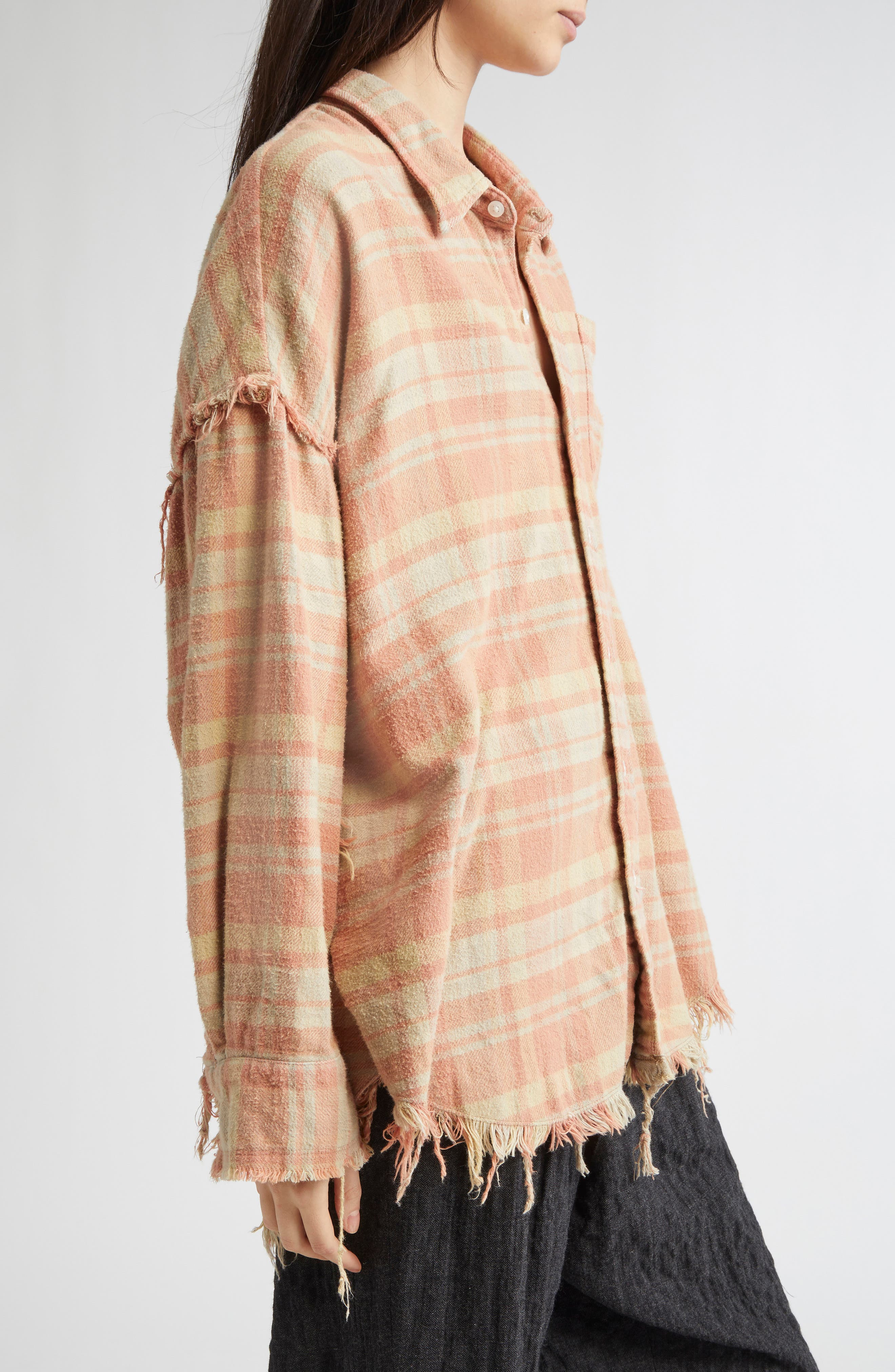 R13 Shredded Seam Drop Neck Plaid Flannel Button-Up Shirt in Washed-Out Red/Khaki Plaid at Nordstrom - 3