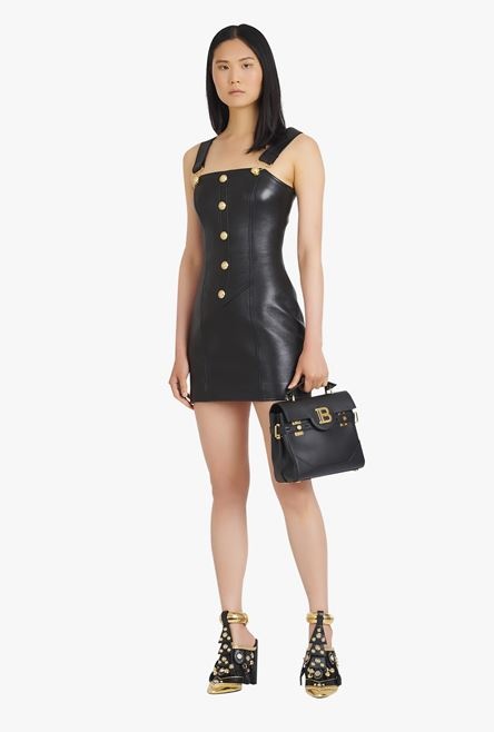 Short black leather overall dress - 2