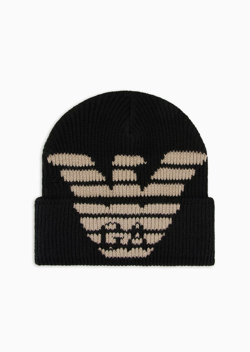 Ribbed wool-blend beanie with oversized jacquard eagle 1