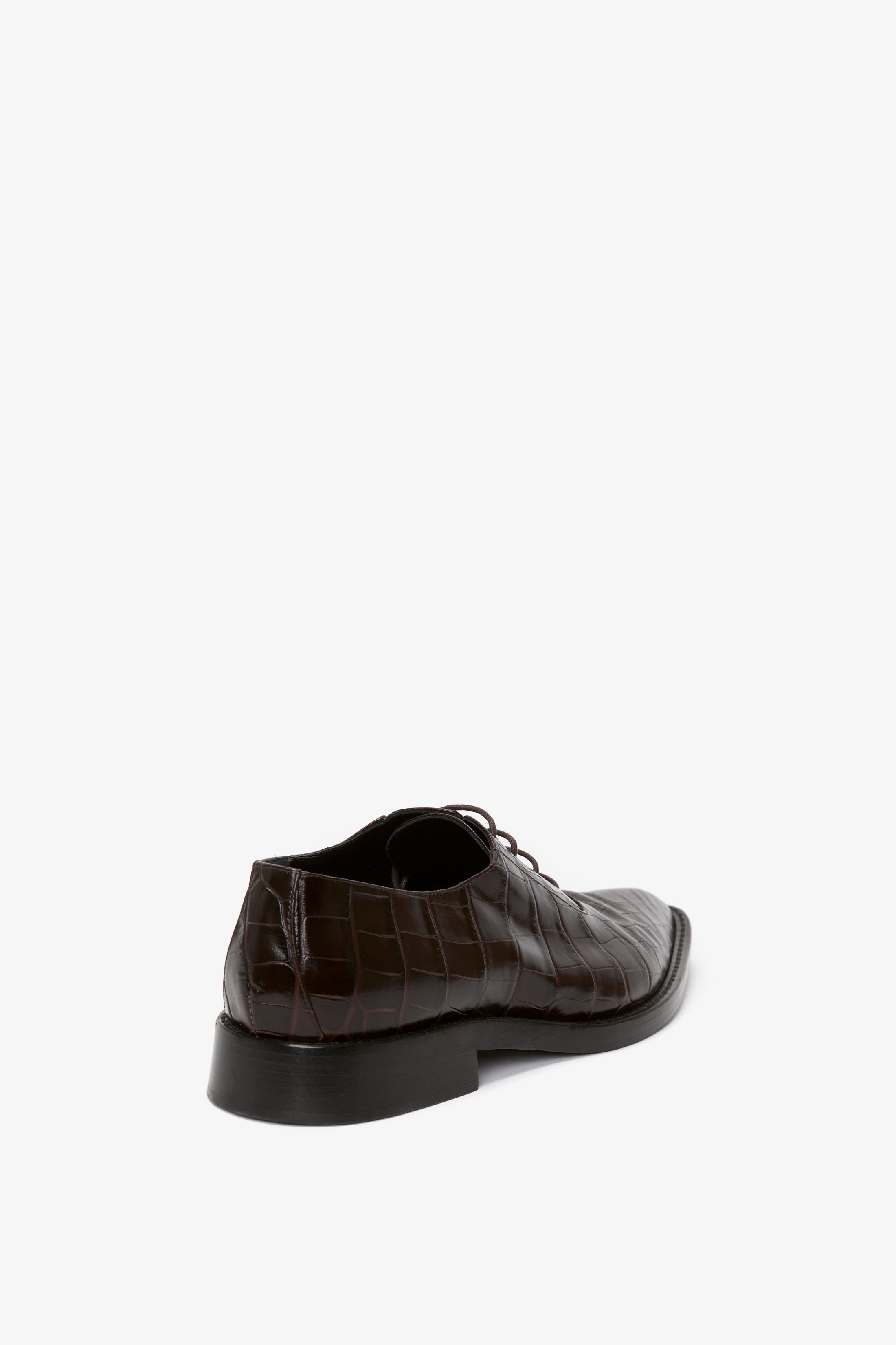 Pointy Toe Flat Lace Up In Chocolate Croc-Effect Leather - 3