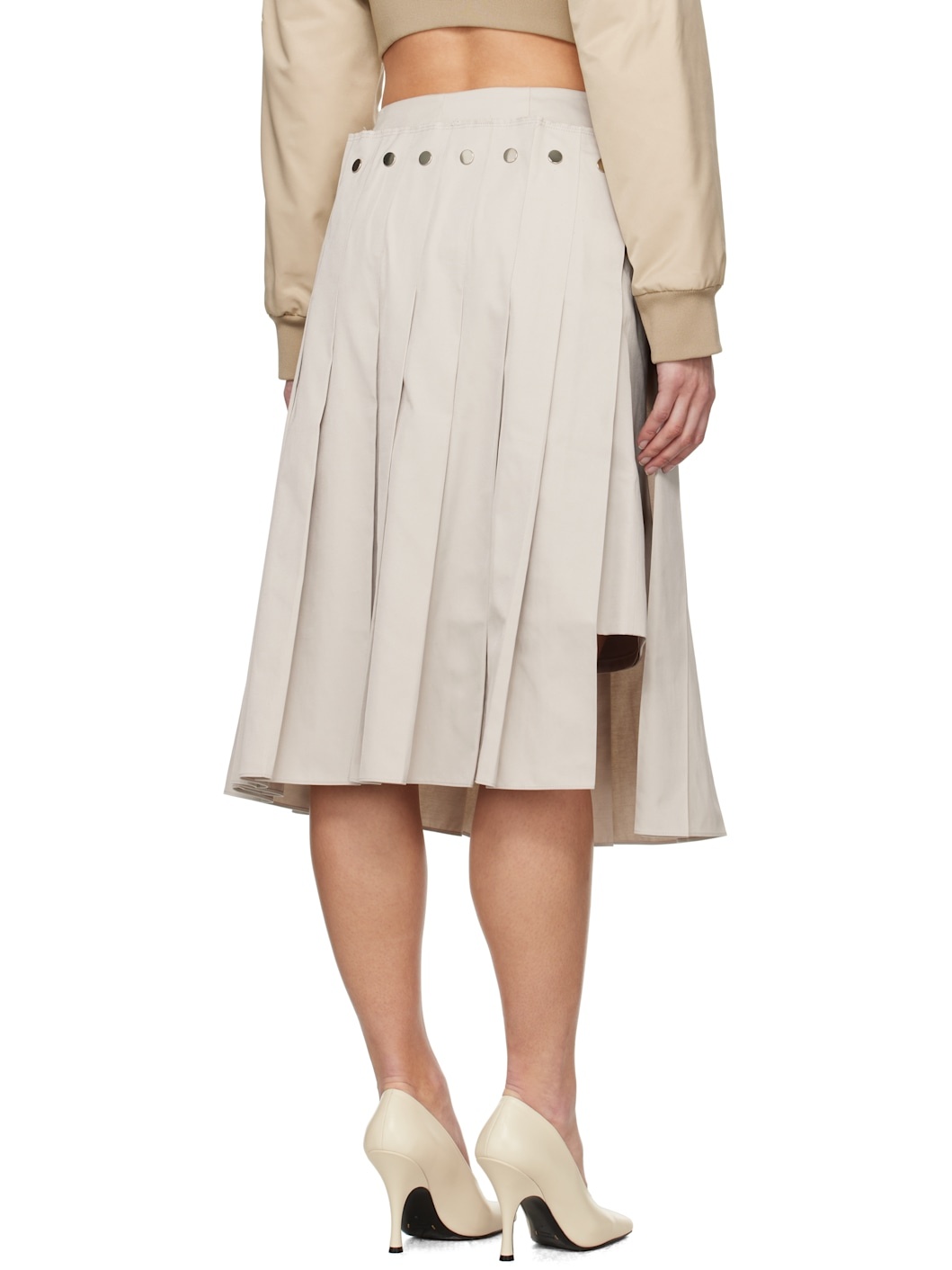 Beige Double Layered Pleated Midi Skirt - 3