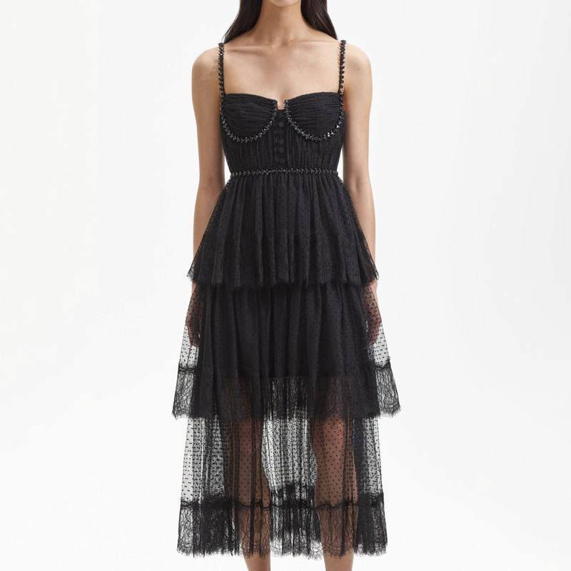 Black Dot Mesh Tier Midi Dress 4