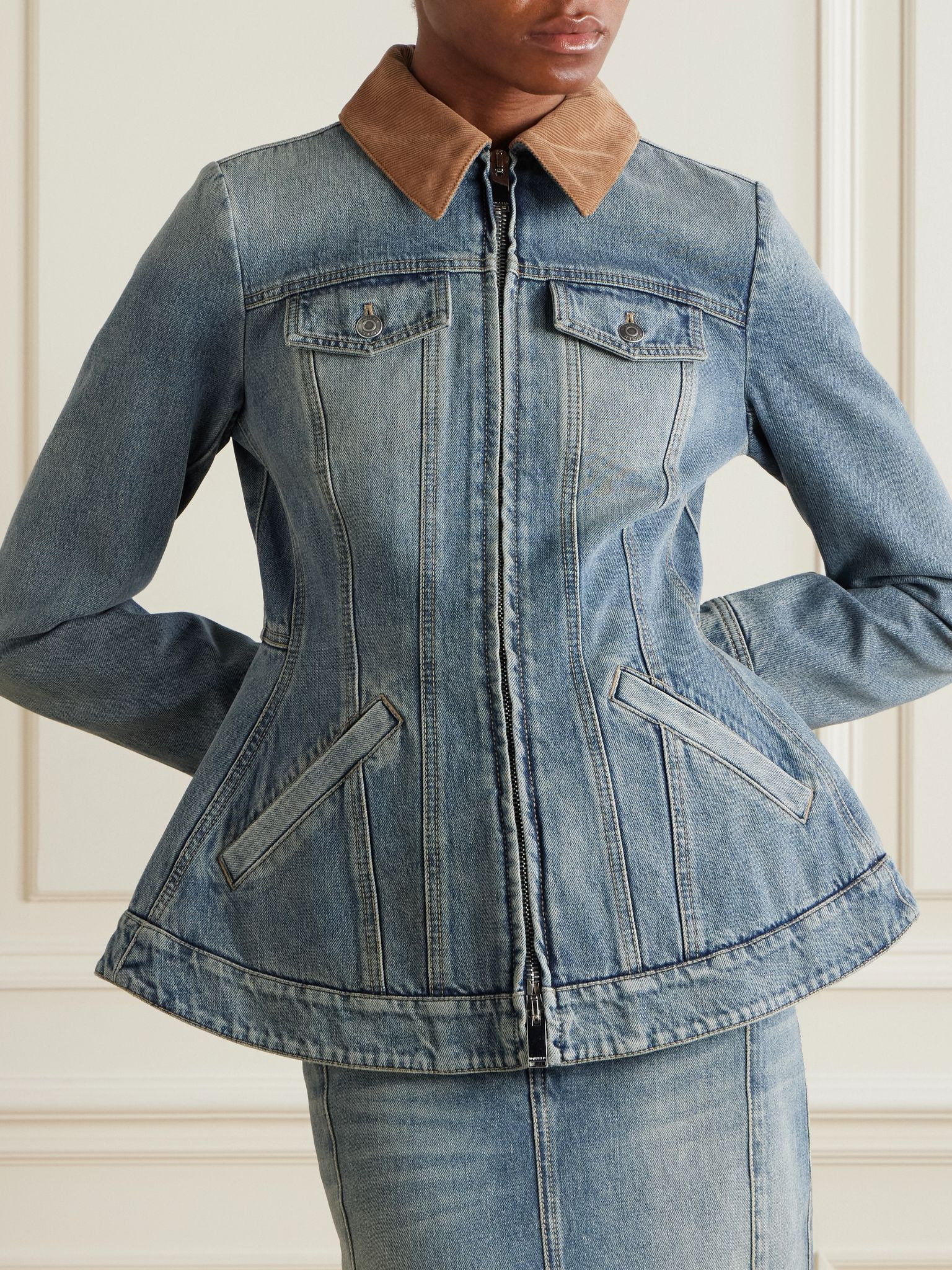 Corduroy-trimmed denim peplum jacket Indigo - 3