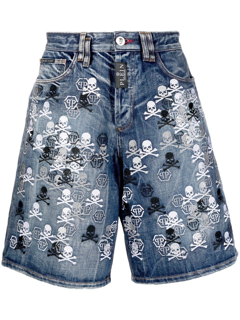 skull-embroidery denim shorts - 1