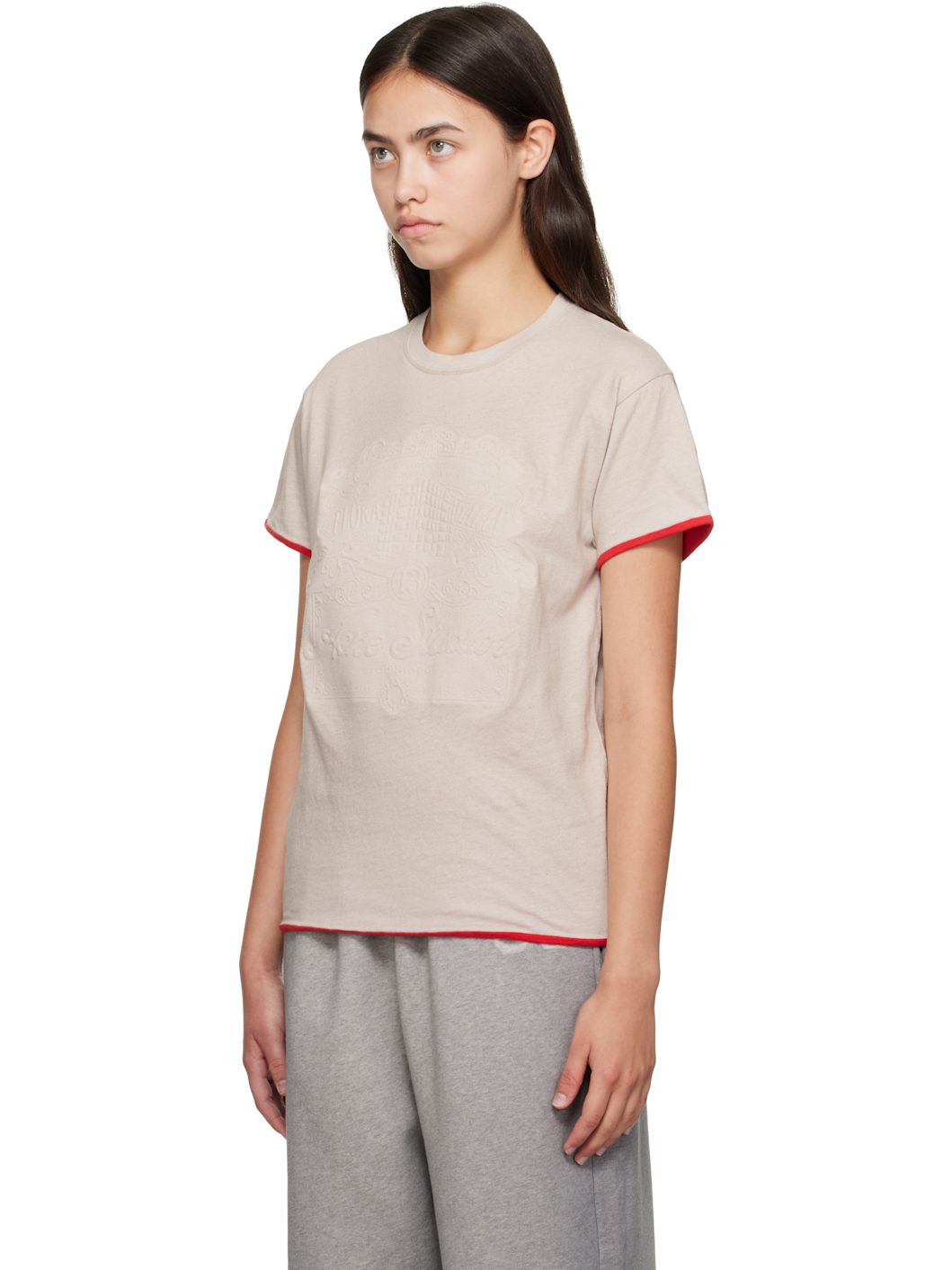 Beige & Red Embossed Logo T-shirt - 4