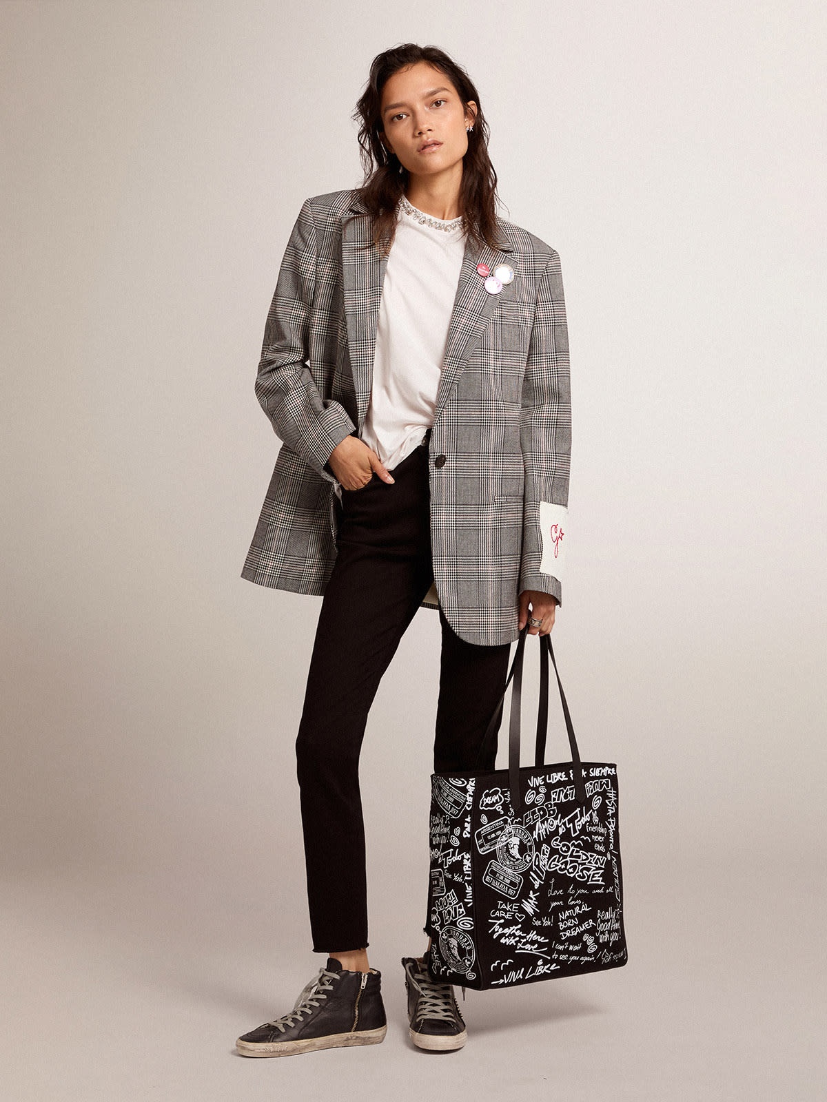 Women’s Golden Collection single-breasted blazer in gray and white Prince of Wales check - 3