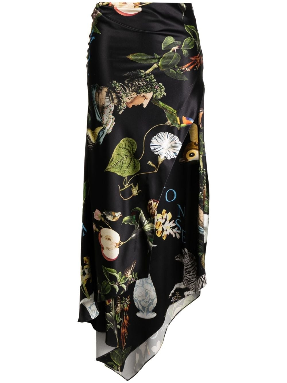botanical-print satin draped skirt - 1
