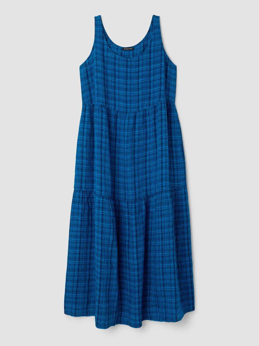 Puckered Organic Linen Plaid Tiered Dress - 1