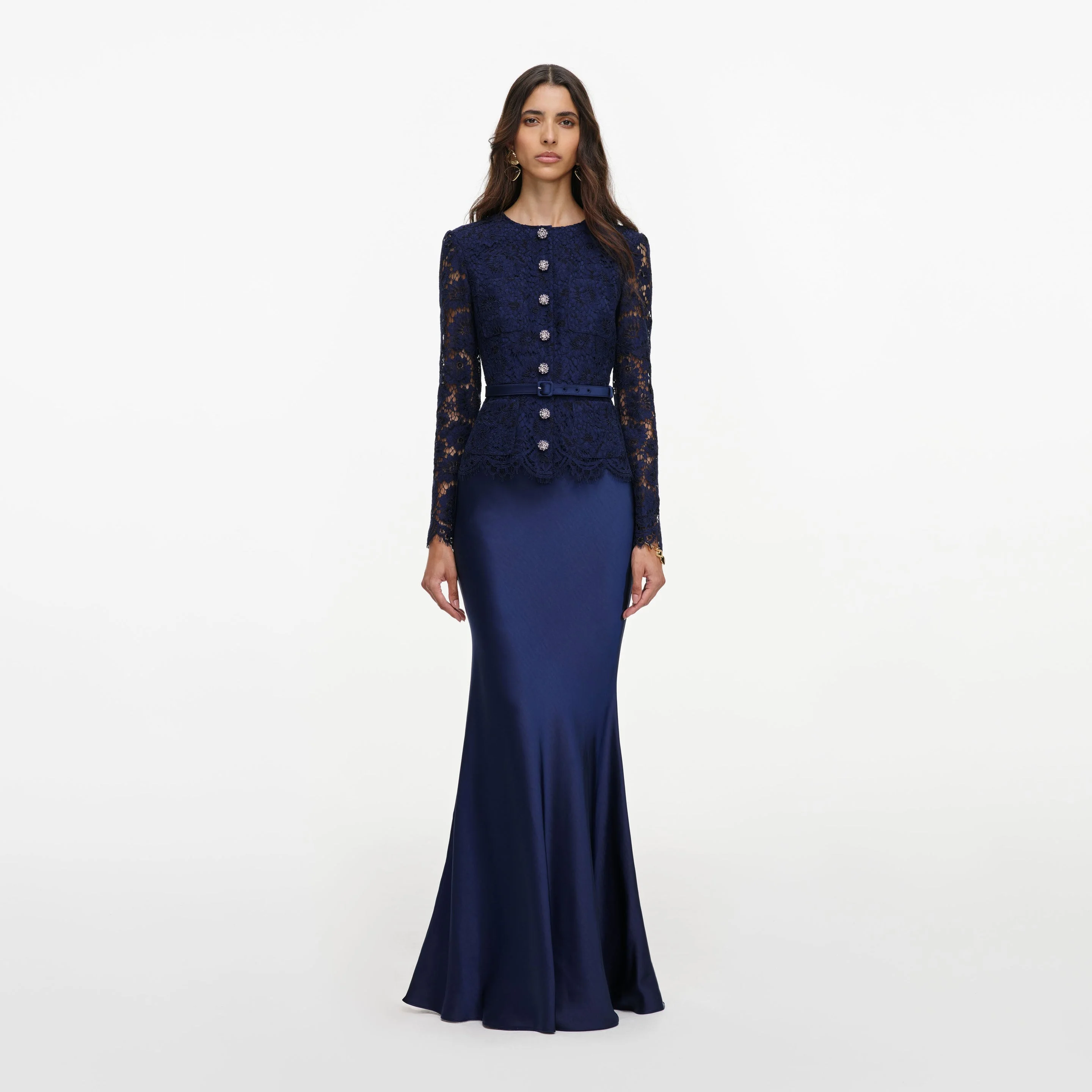 Navy Tailored Lace Satin Maxi Dress - 1