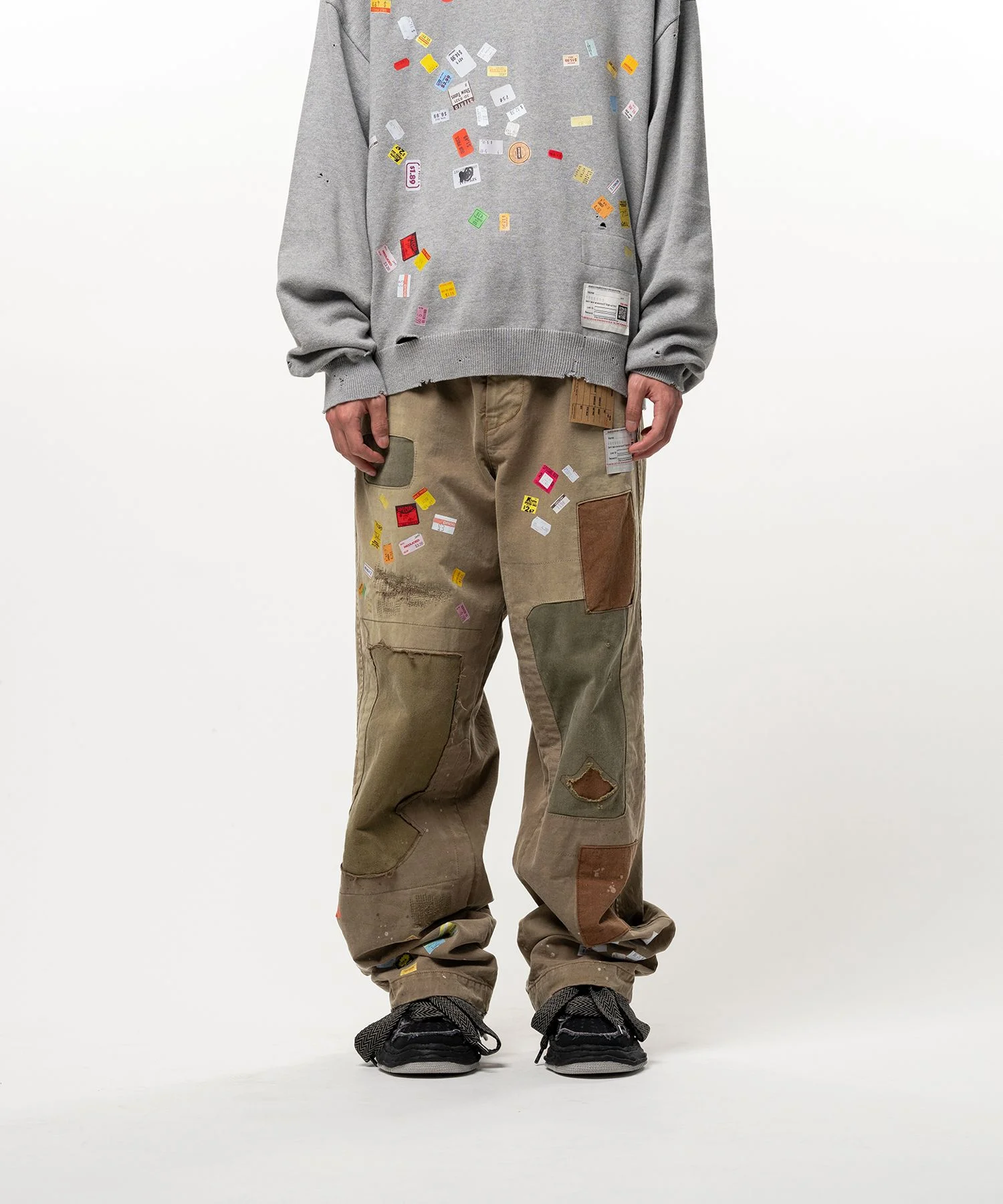 Price Tag Sticker Print Repaired Pants - 1
