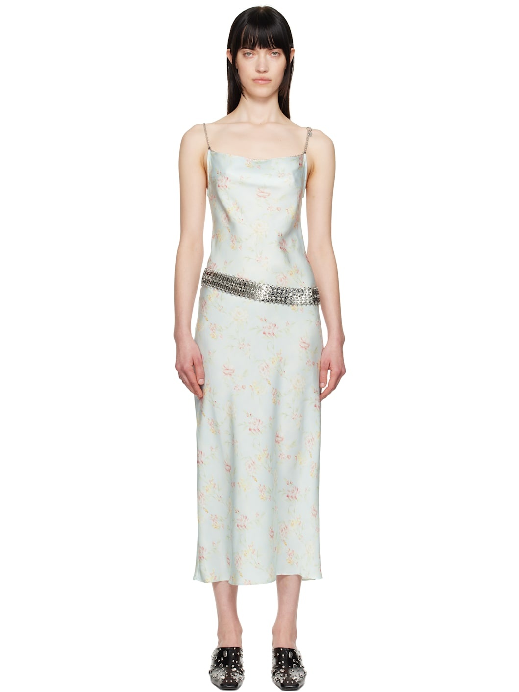 Blue Double Satin Printed Midi Dress - 1