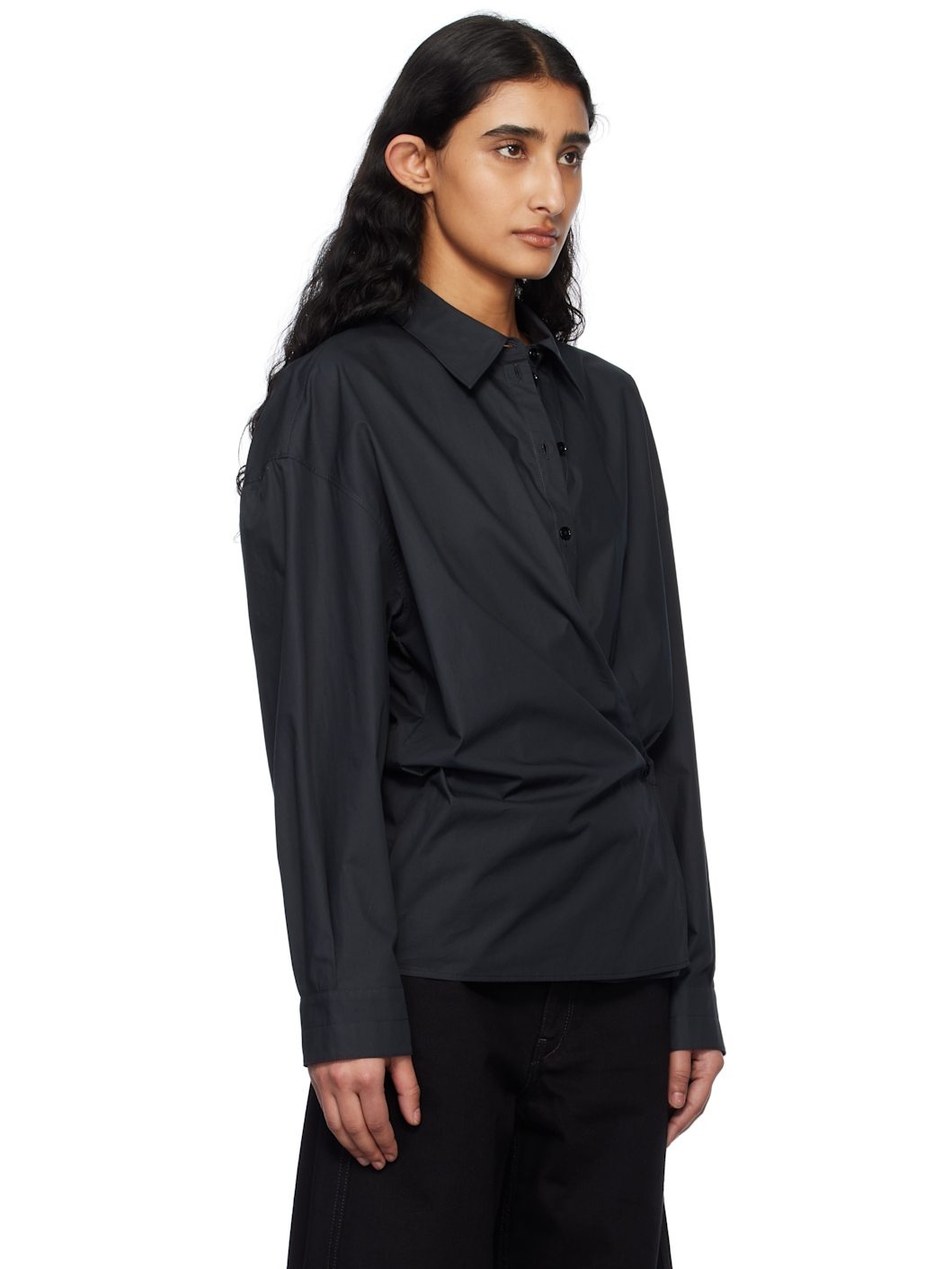 Black Straight Collar Twisted Shirt - 2