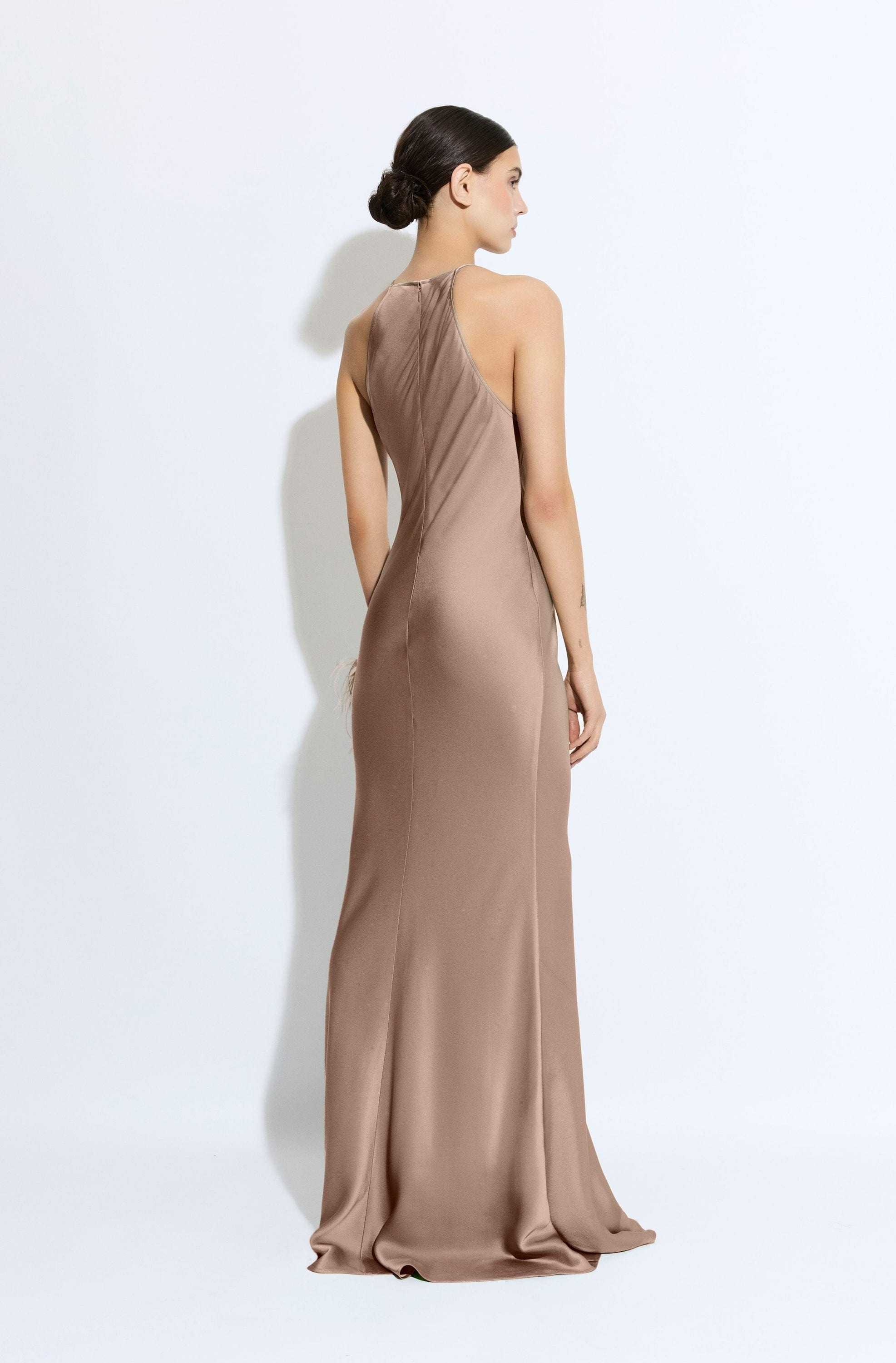 Satin Halter Gown With Feathers - 3