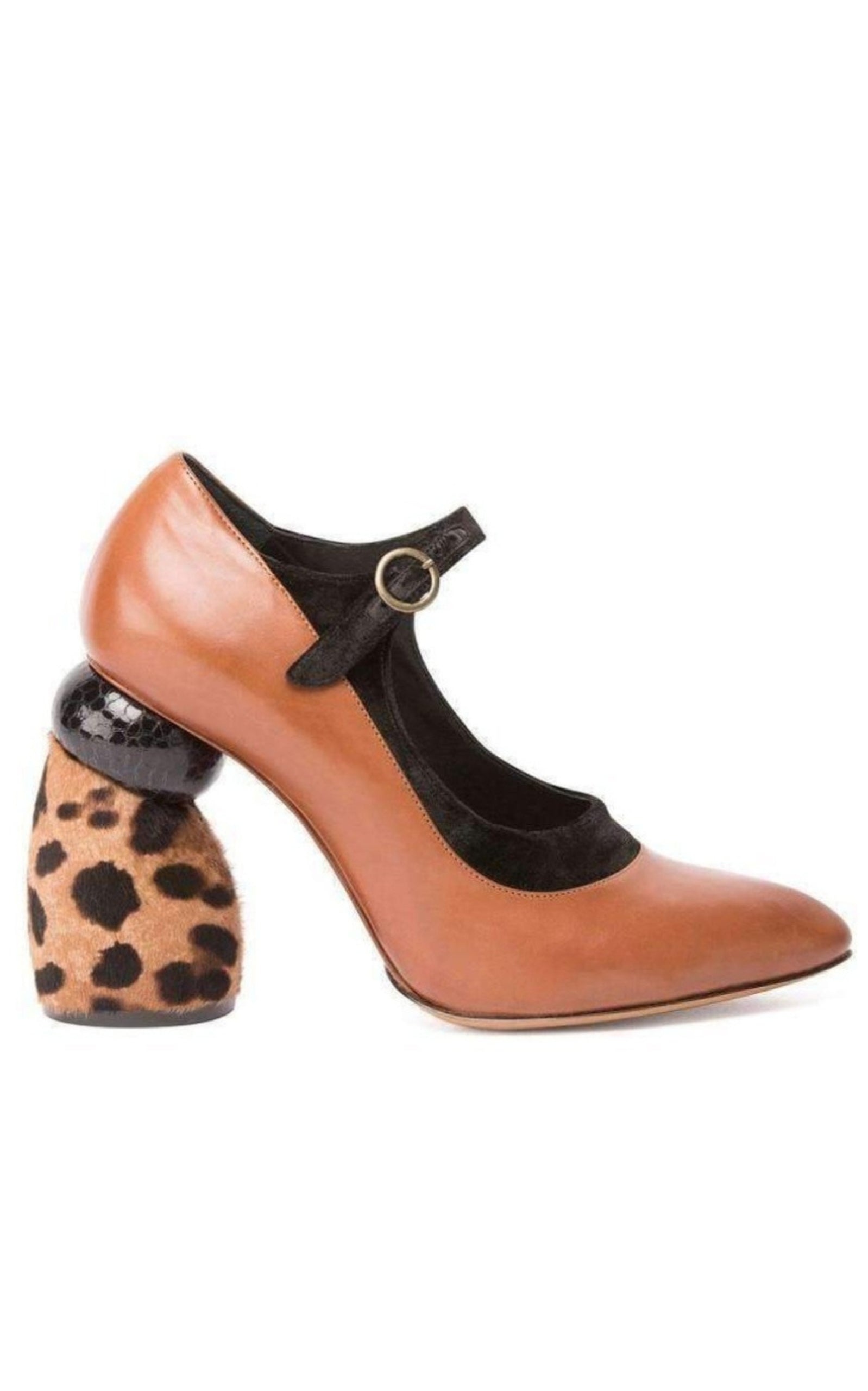 Camel Leopard Leather Mary Jane Shoes - 1