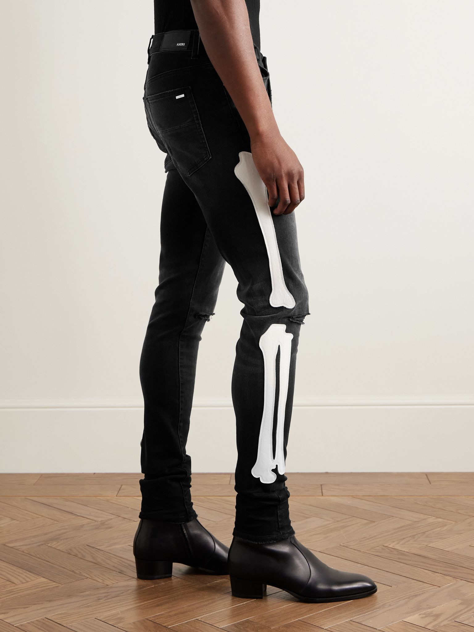 Bones Skinny-Fit Appliquéd Distressed Jeans Black - 4