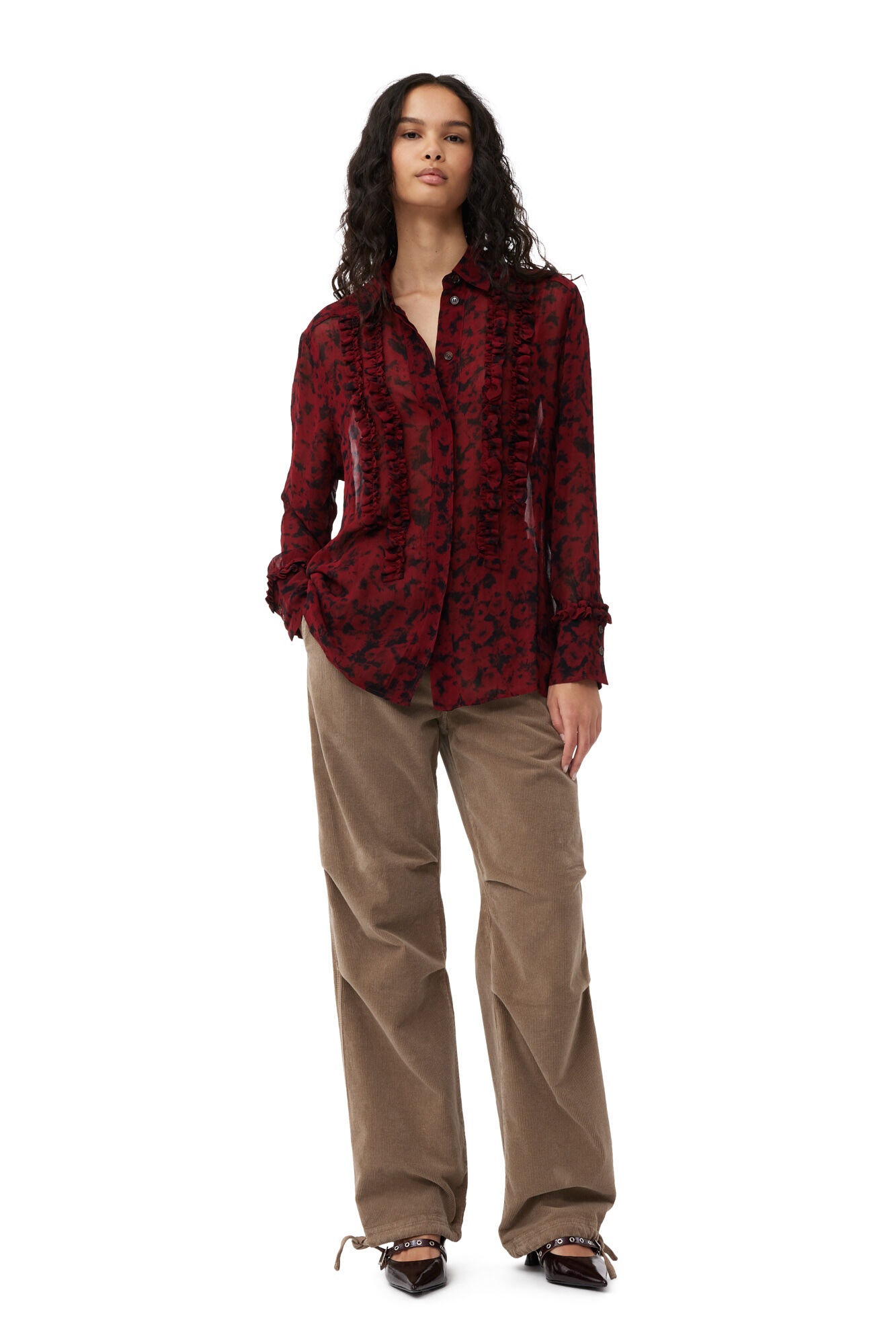 RED PRINTED LIGHT GEORGETTE RUFFLE SHIRT - 3