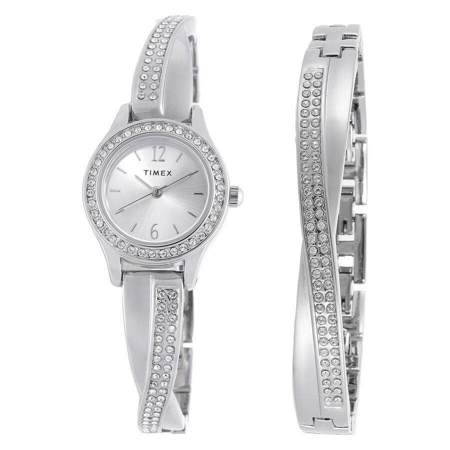 Timex - Timex Trend Quartz Crystal Silver Dial Ladies Watch and Bracelet Set TW2T58000 - 1