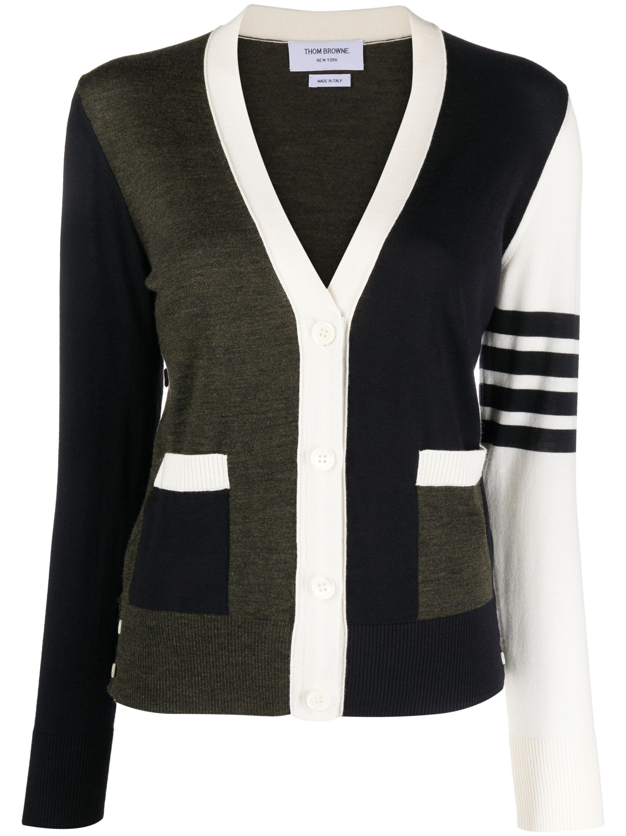 THOM BROWNE Women Fun Mix Relaxed Fit V Neck Cardigan In Fine Merino Wool W/4 Bar Stripe - 1