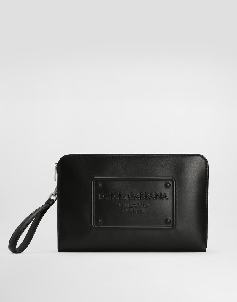 Large calfskin pouch with raised logo 1