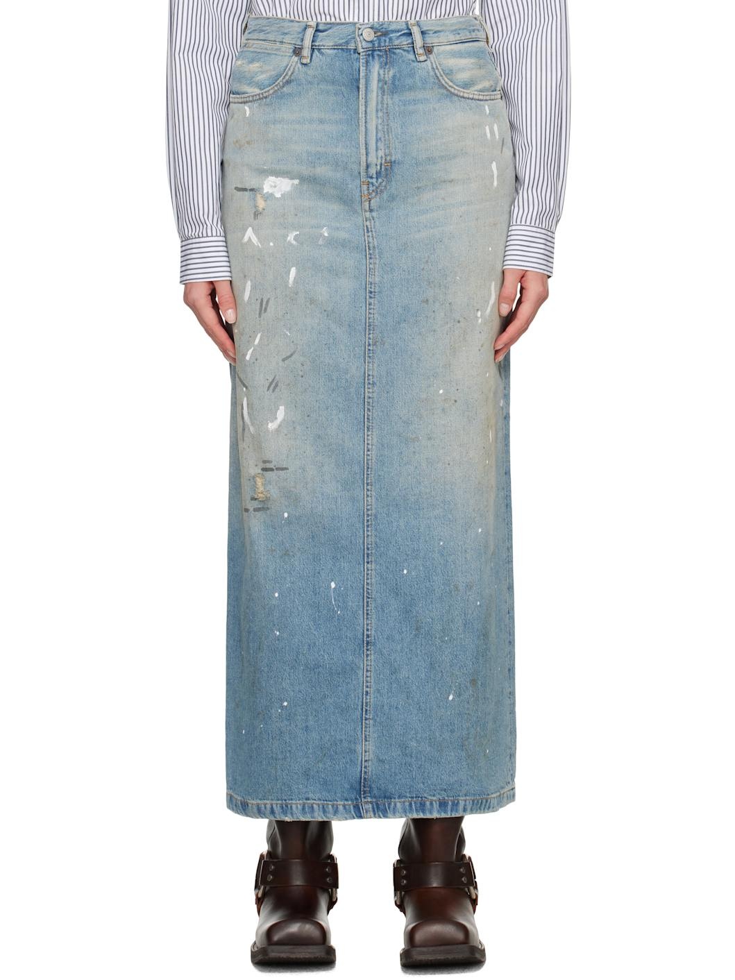 Blue Paint Splatter Denim Midi Skirt - 1