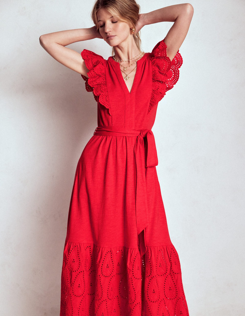 Ruffle Detail Tier Midi Dress-Poppy Red 5
