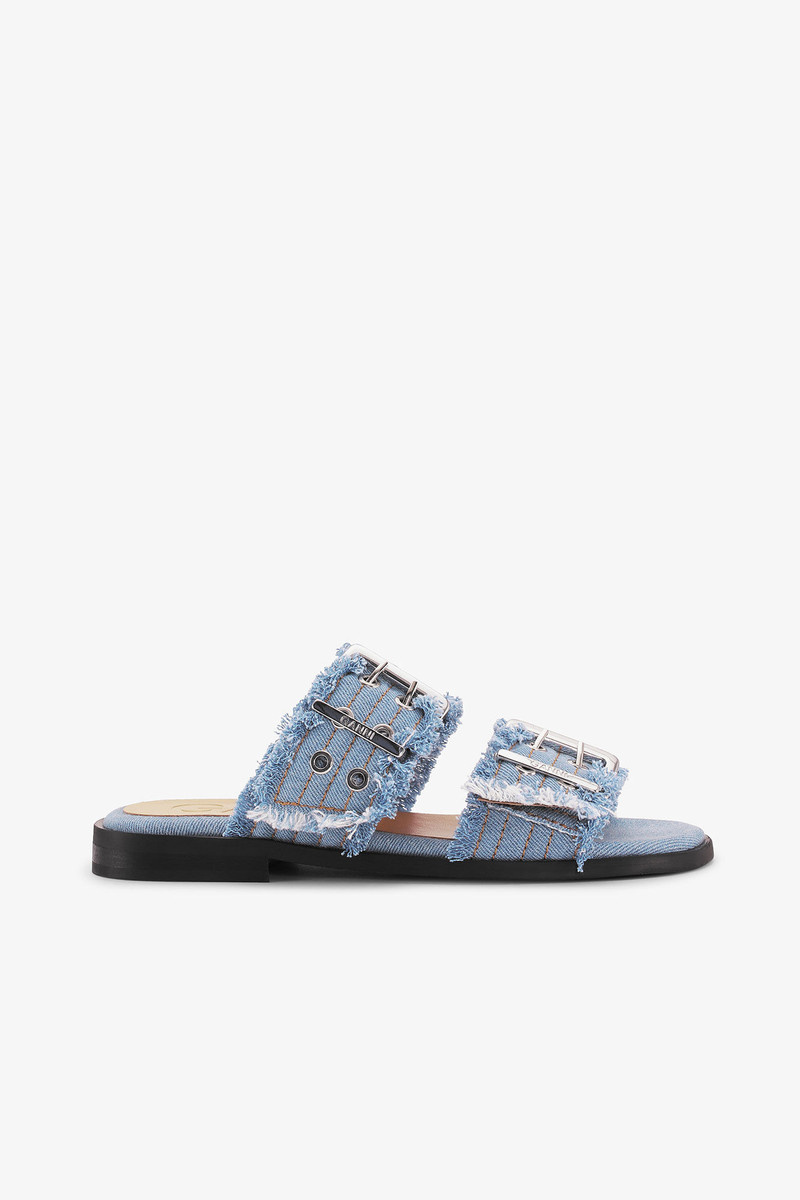 BLUE DENIM FEMININE BUCKLE TWO-STRAP SANDALS 1