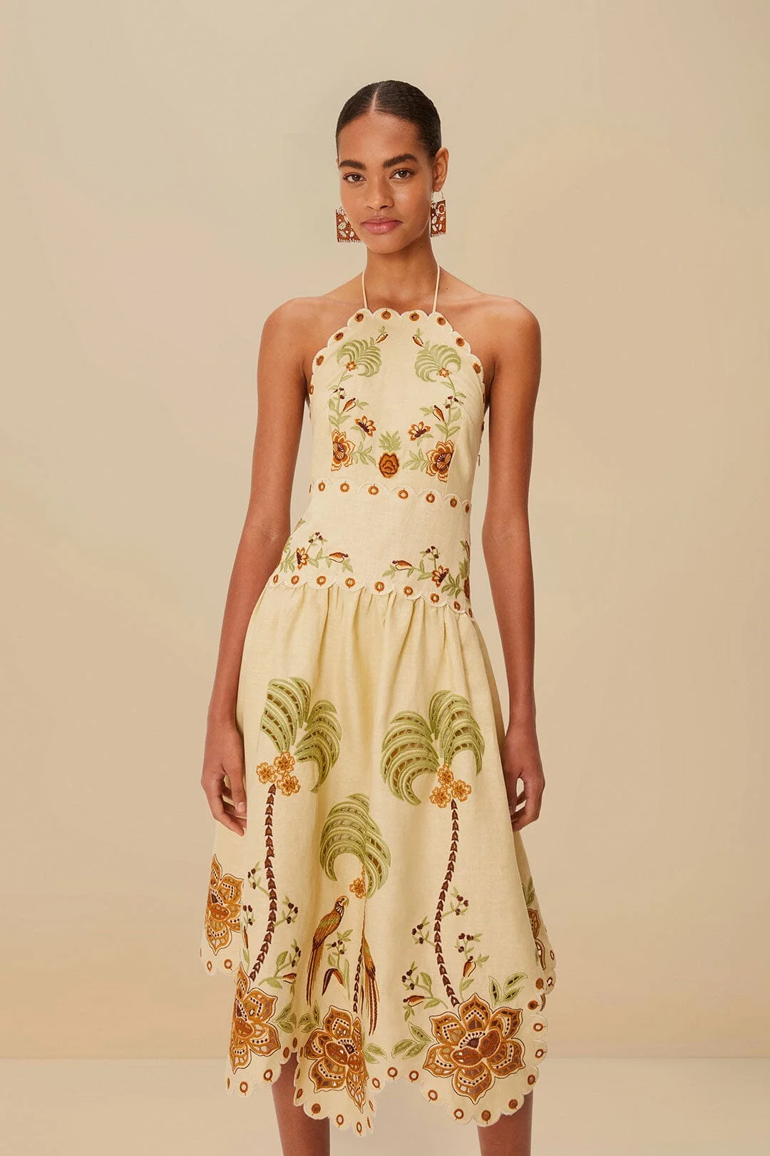 Sand Delicate Forest Richelieu Embroidered Euroflax™ Premium Linen Midi Dress - 1