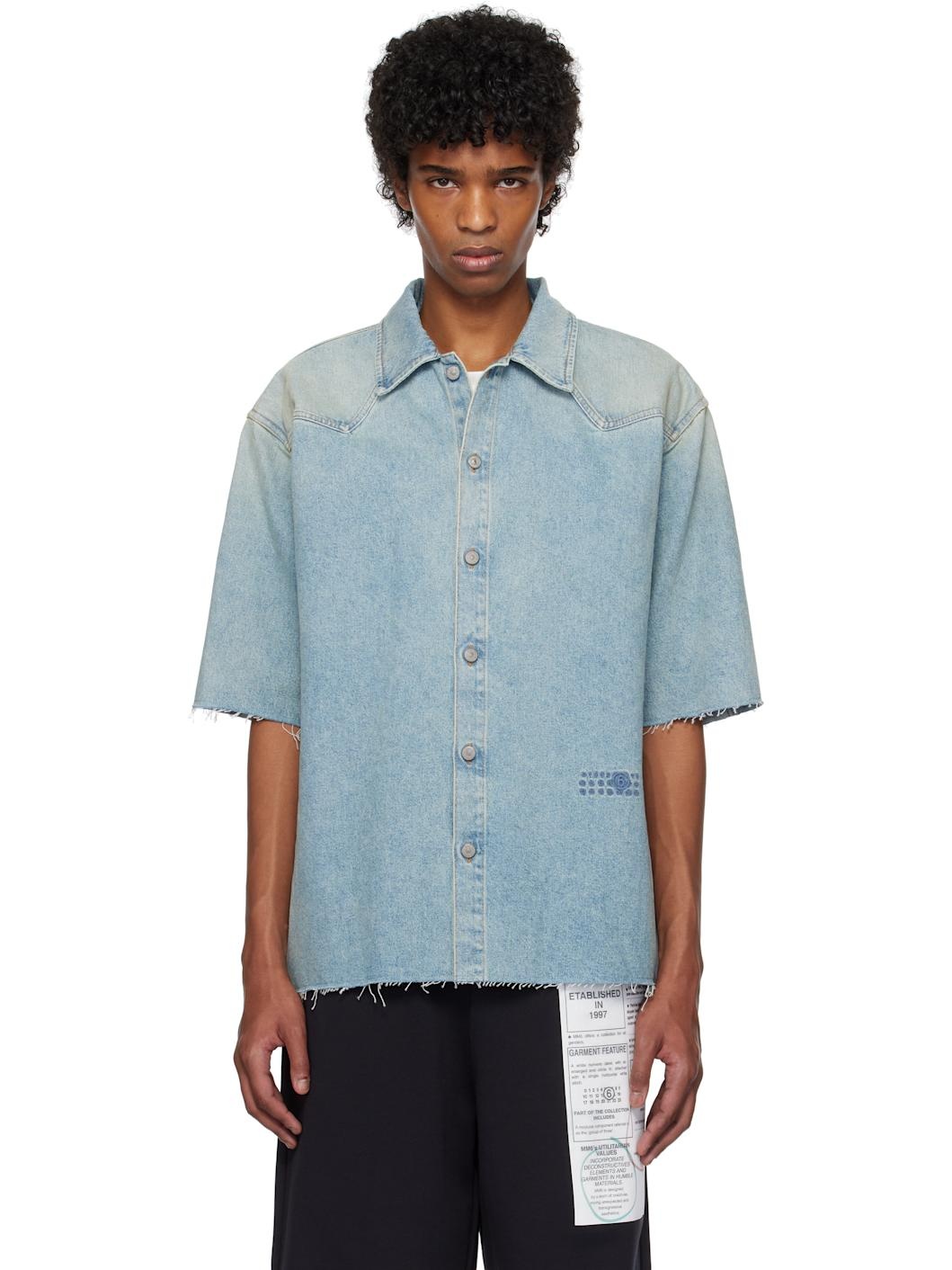 Blue Short Sleeve Denim Shirt - 1