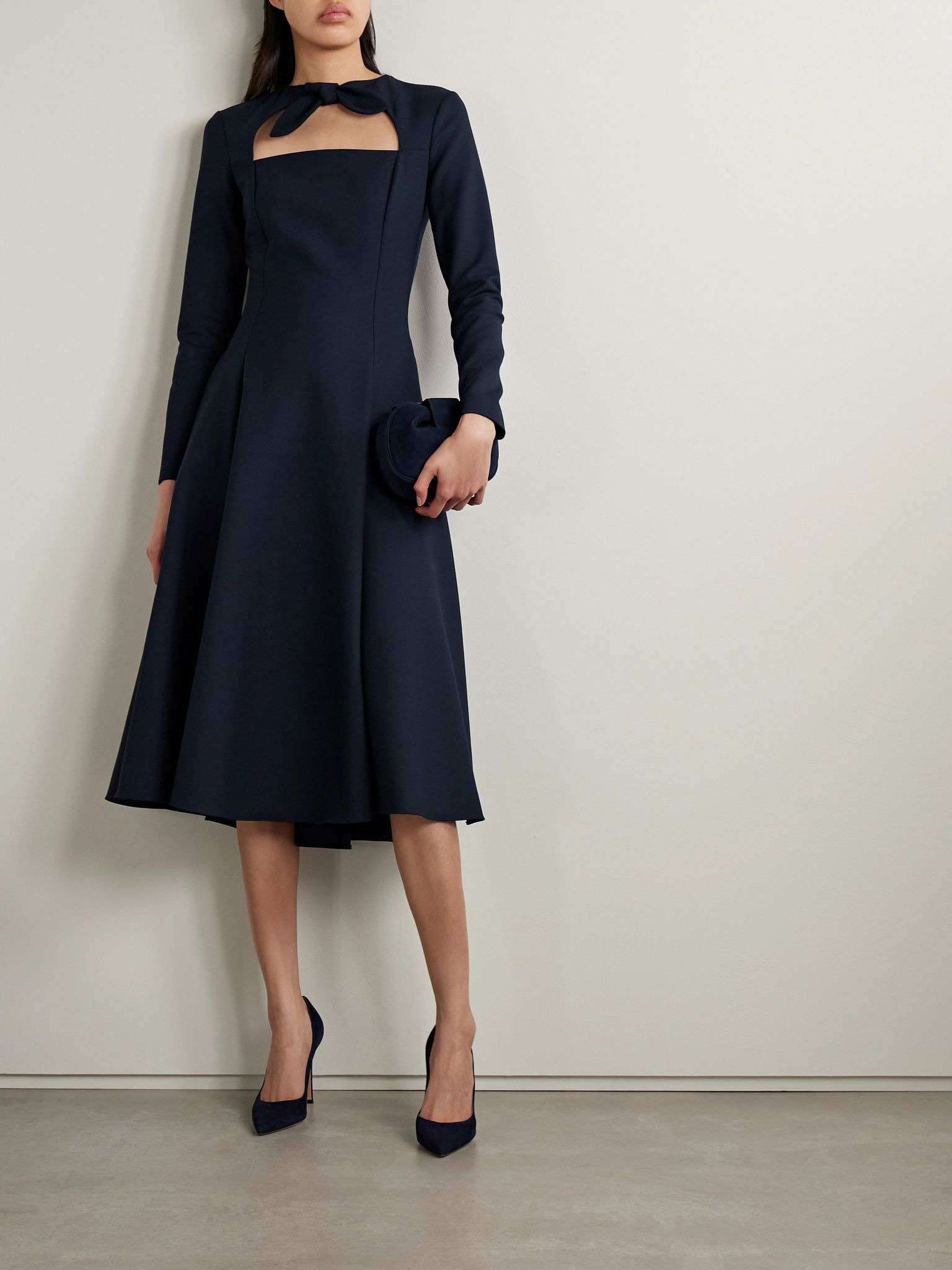 Tie-neck cutout wool-blend midi dress Navy - 2