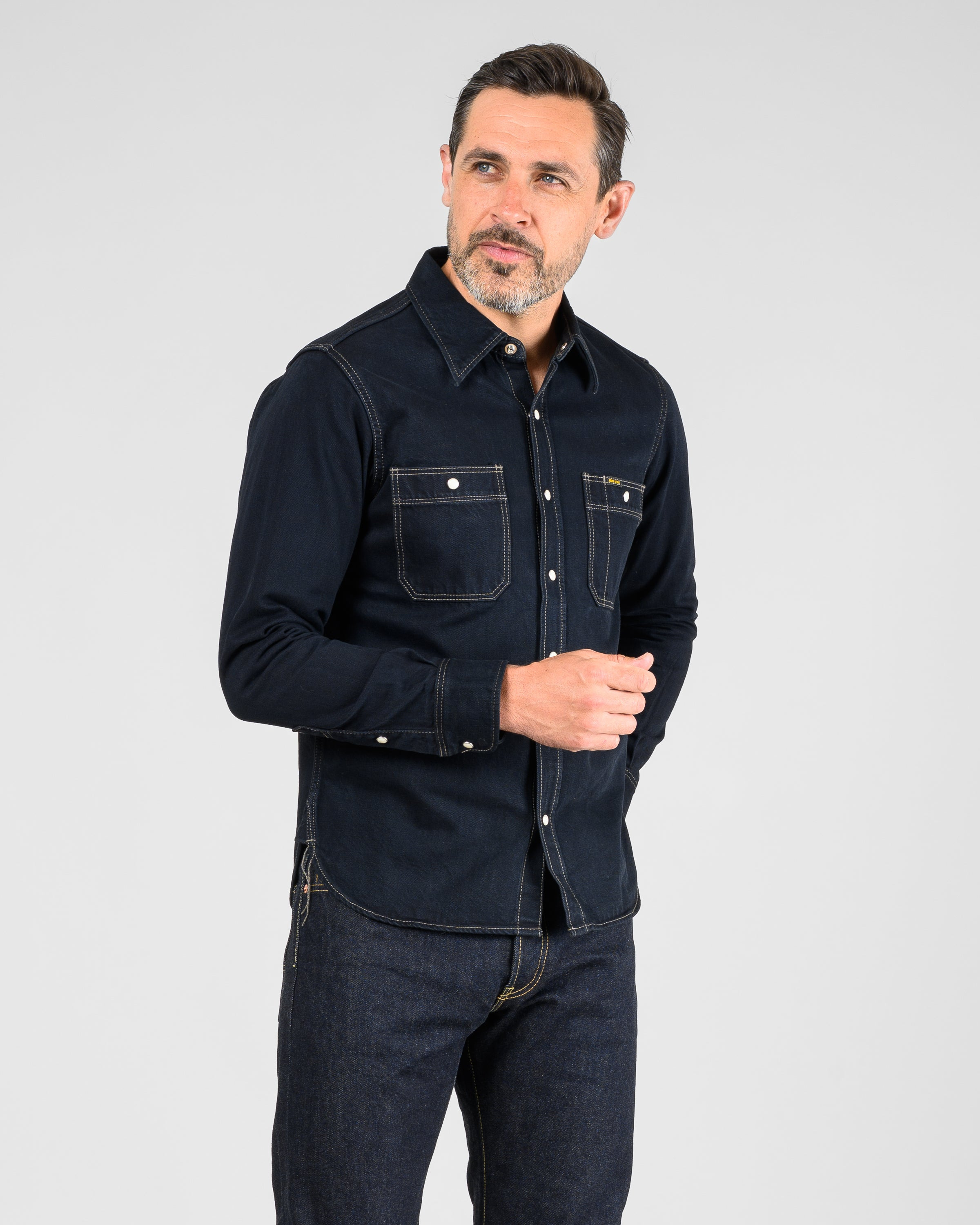 IHSH-326-OD 12oz Selvedge Denim Work Shirt With Snaps - Indigo Overdyed Black - 2